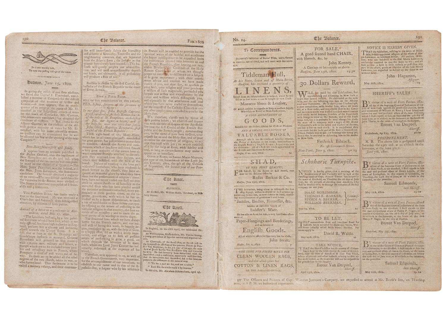 [SLAVERY & ABOLITION]. Advertisements for the return of freedom seekers published in 13 issues of The Balance, and Columbian Repository . Nos. 20-43. Hudson, NY: Sampson, Chittenden & Croswell. 18 May-26 October 1802.