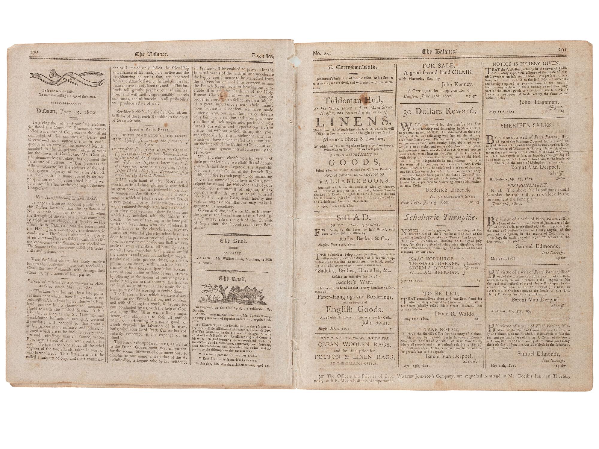 [SLAVERY & ABOLITION]. Advertisements for the return of freedom seekers published in 13 issues of The Balance, and Columbian Repository . Nos. 20-43. Hudson, NY: Sampson, Chittenden & Croswell. 18 May-26 October 1802.
