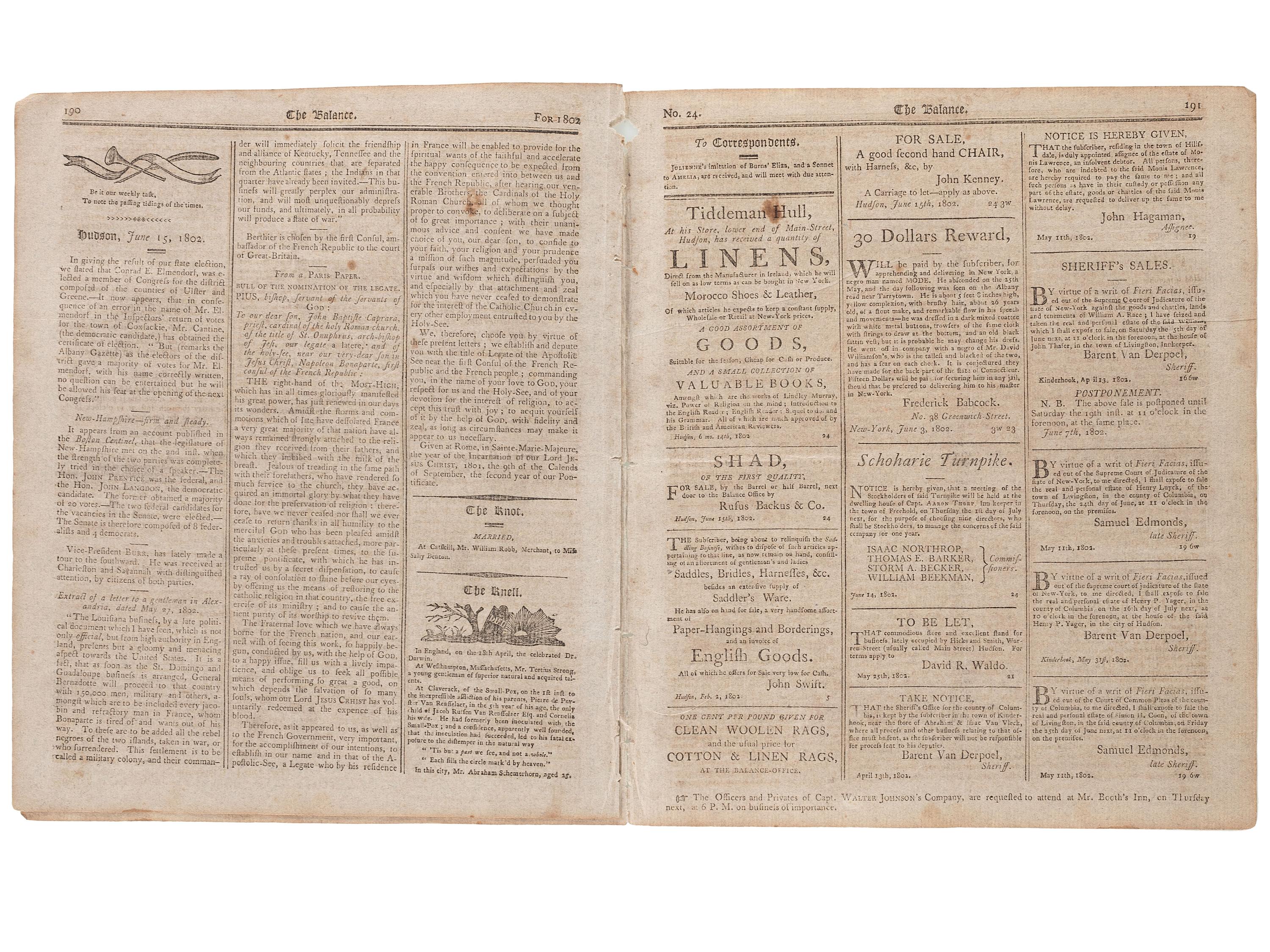[SLAVERY & ABOLITION]. Advertisements for the return of freedom seekers published in 13 issues of The Balance, and Columbian Repository . Nos. 20-43. Hudson, NY: Sampson, Chittenden & Croswell. 18 May-26 October 1802.