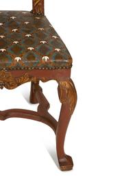 A Pair of Spanish Painted and Parcel Gilt High Back Side Chairs with Painted Leather Upholstery