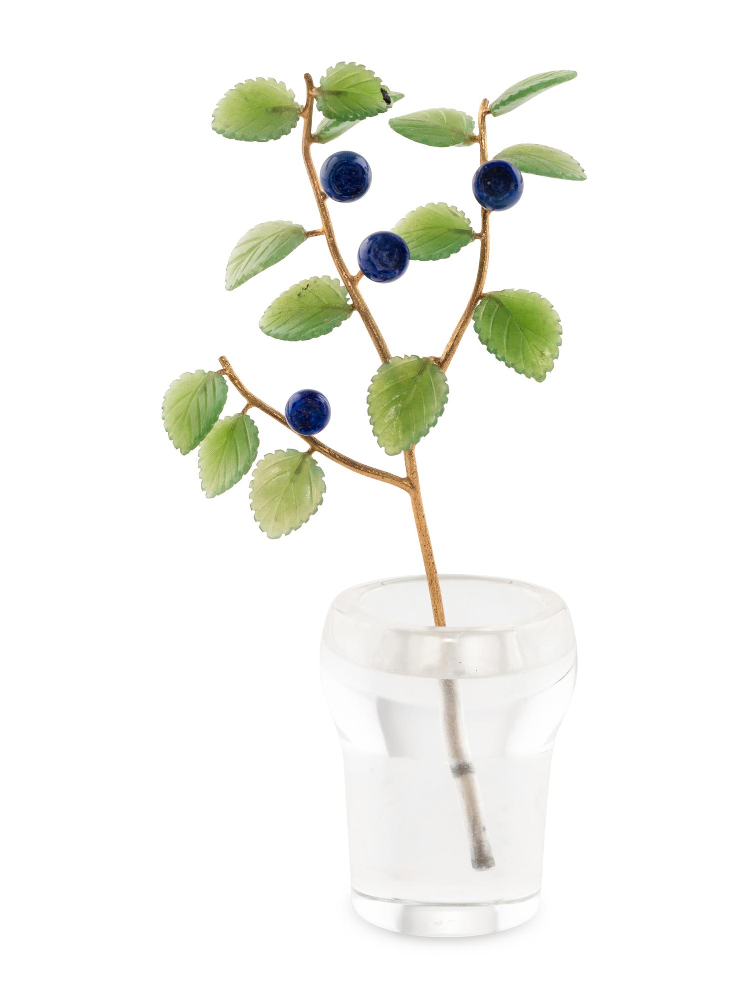A Carved Rock Crystal, Nephrite, Lapis and 18-Karat Gold Blueberry Plant Study
