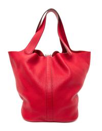 An Hermes Rouge Casaque Taurillon Clemence Picotin Lock TGM Handbag, 13" x 13" x 9".