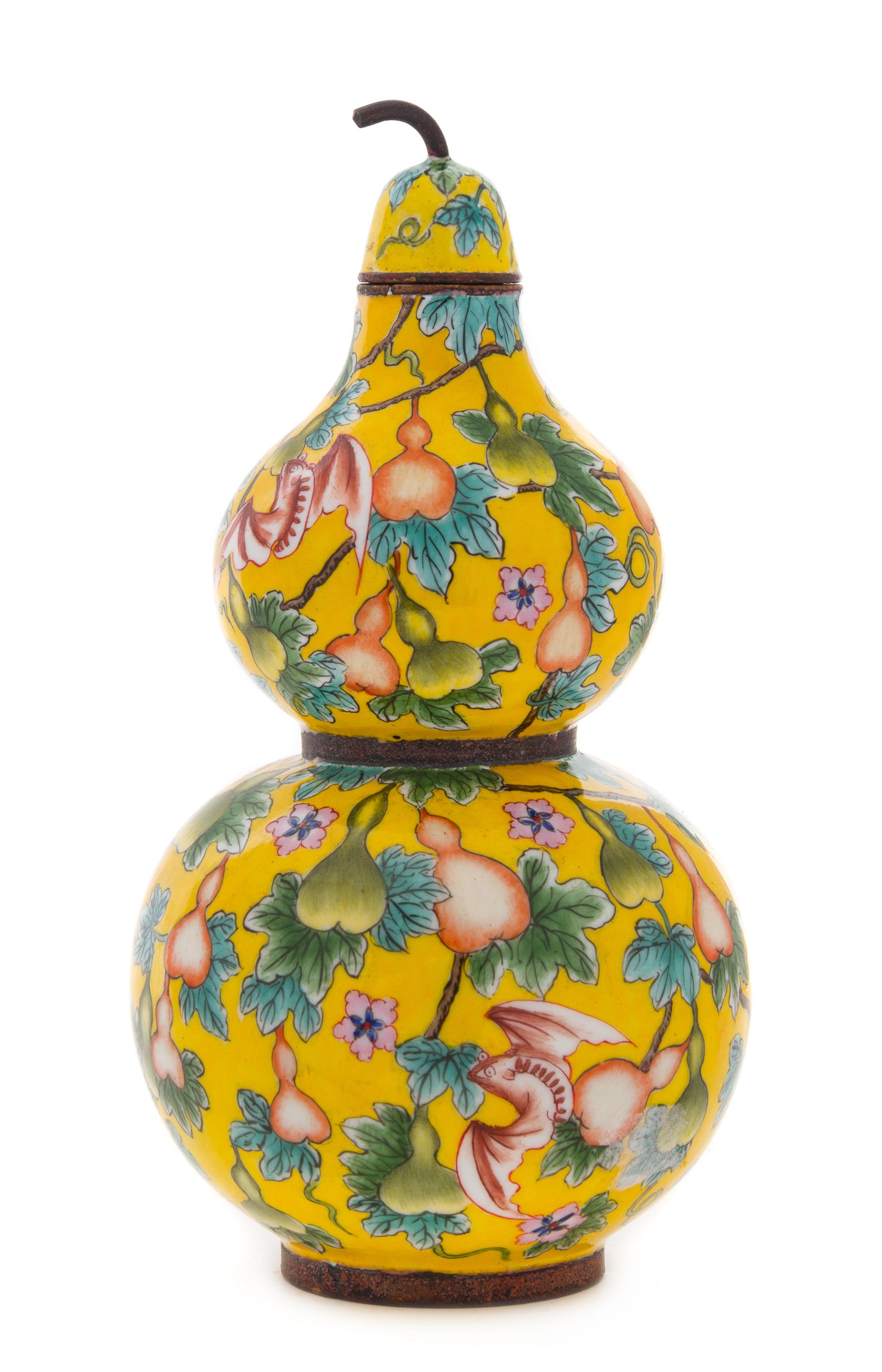 A Canton Enamel Double Gourd-Form Vase Height 6 3/4 inches.