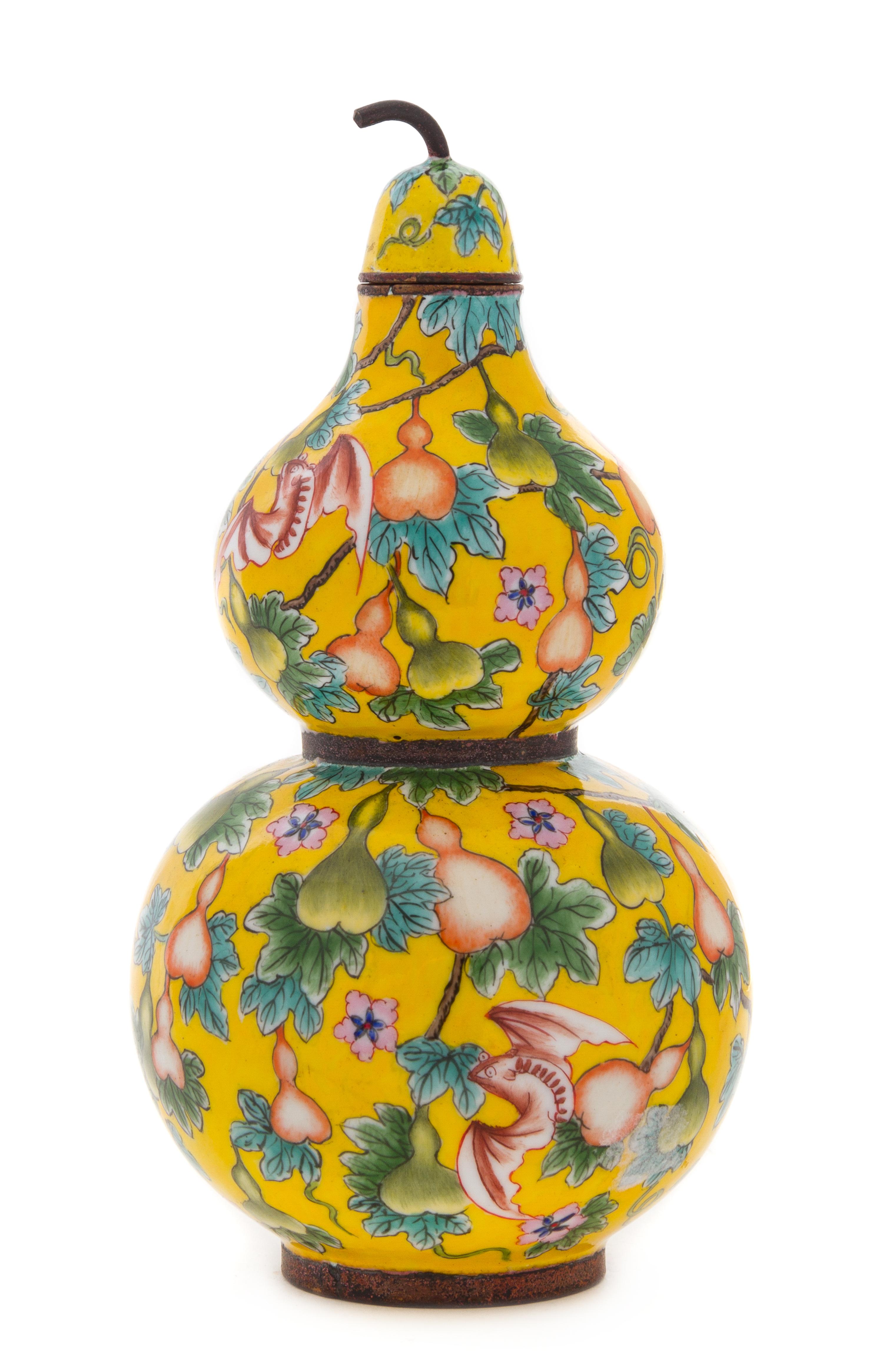 A Canton Enamel Double Gourd-Form Vase Height 6 3/4 inches.