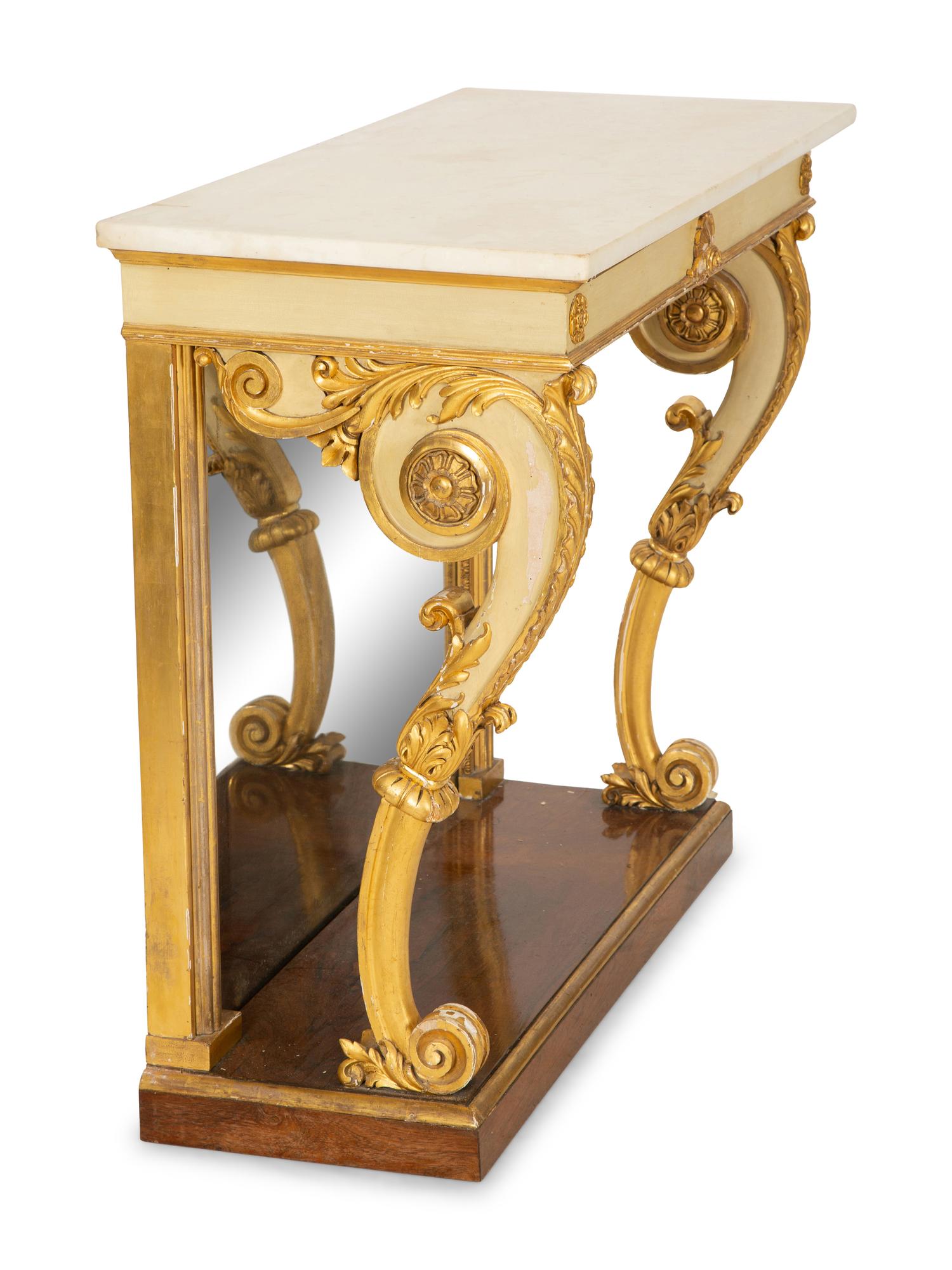 A Pair of Louis XVI Style Painted and Parcel Gilt Marble Top Console Tables