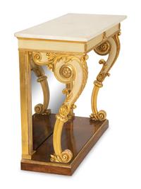 A Pair of Louis XVI Style Painted and Parcel Gilt Marble Top Console Tables