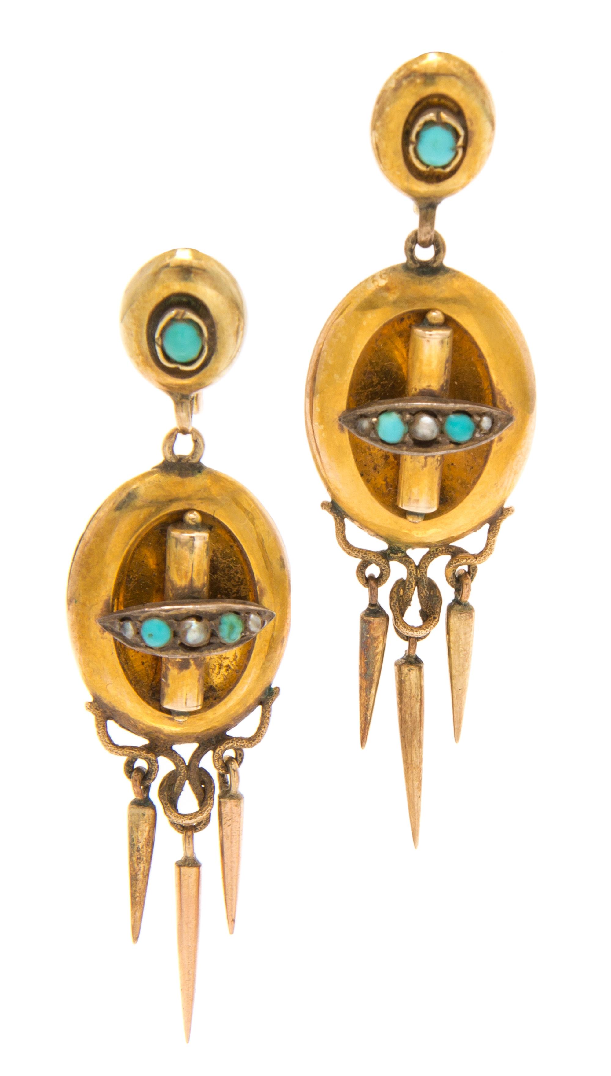 A Pair of Victorian Turquoise and Seed Pearl Earrings, 4.60 dwts.