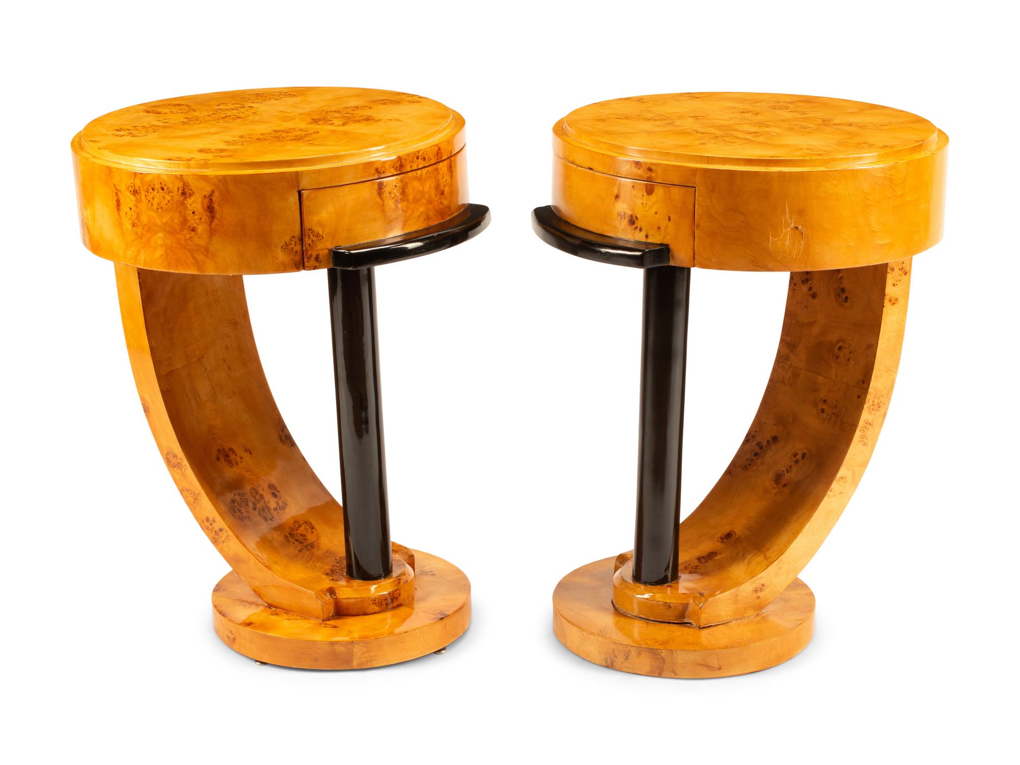 A Pair of Art Deco Style Part Ebonized Burlwood Side Tables