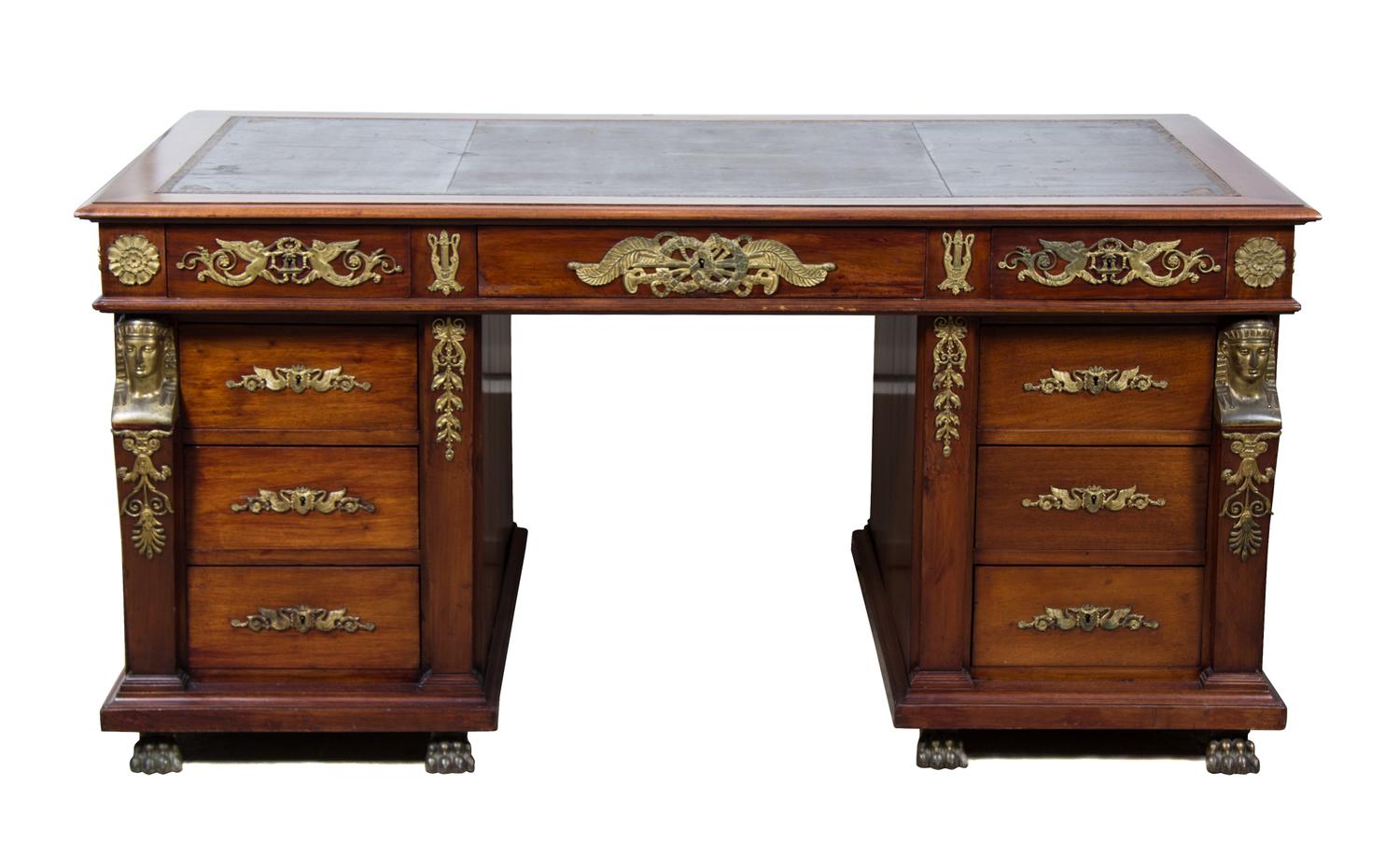 An Empire Style Gilt Bronze Mounted Mahogany Pedestal Desk Height 30 3/4 x width 62 1/2 x depth 34 3/4 inches. — 20TH CENTURY