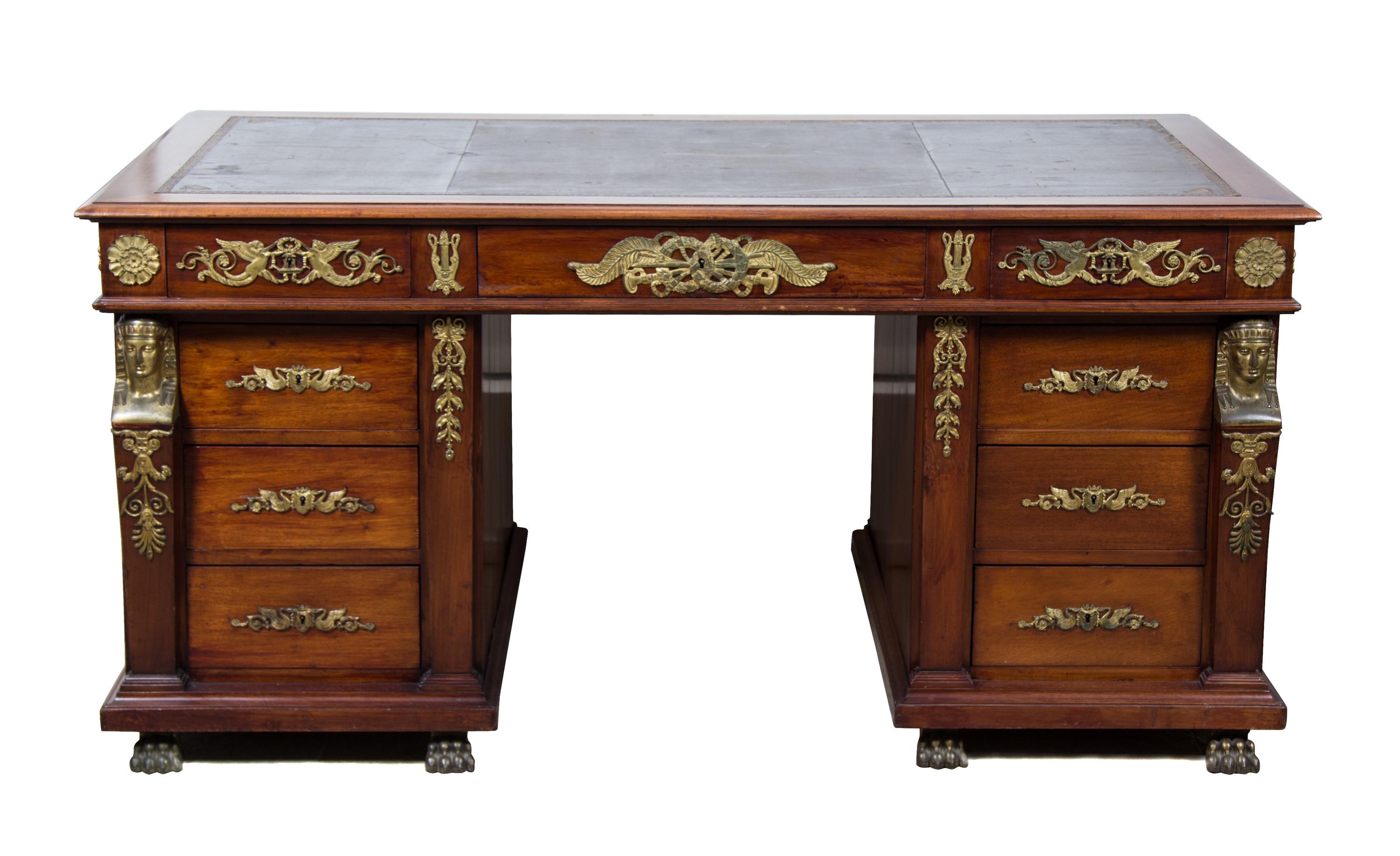 An Empire Style Gilt Bronze Mounted Mahogany Pedestal Desk Height 30 3/4 x width 62 1/2 x depth 34 3/4 inches. — 20TH CENTURY