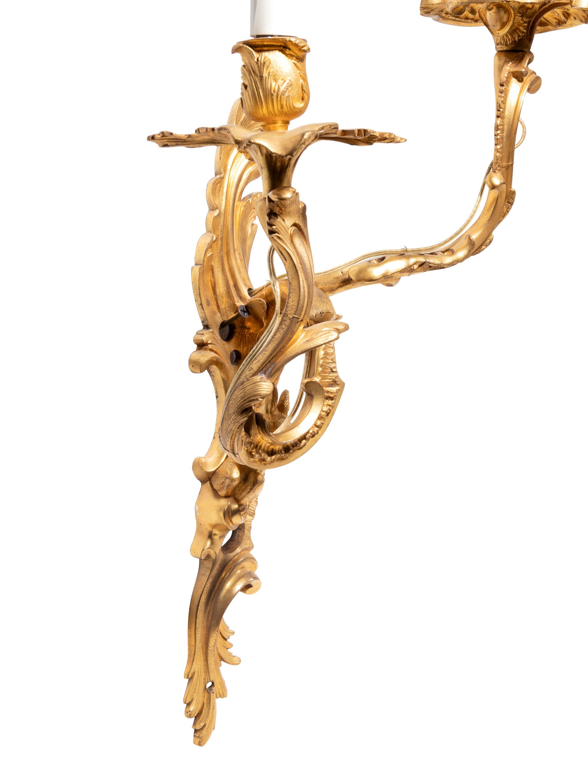 A Pair of Louis XV Style Gilt Bronze Wall Lights with a Rabbit and a Goose