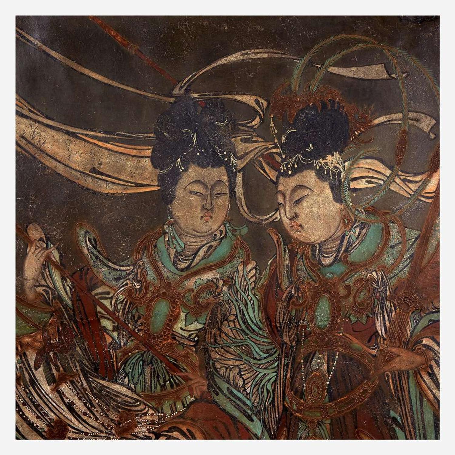 A Large Chinese polychrome stucco fresco panel 灰泥彩绘天女图壁画 Yuan/Ming Dynasty or later ?/????