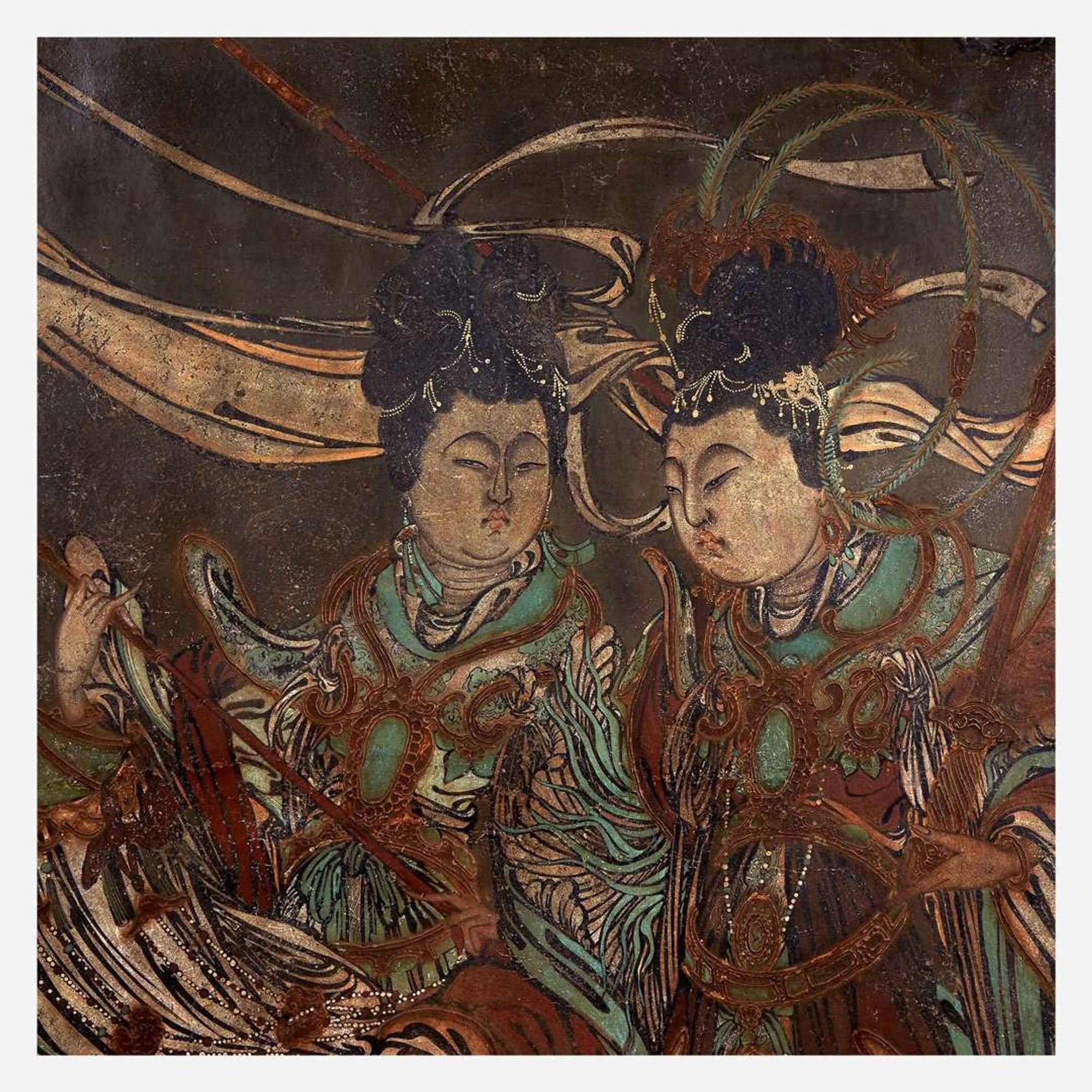 A Large Chinese polychrome stucco fresco panel 灰泥彩绘天女图壁画 Yuan/Ming Dynasty or later ?/????