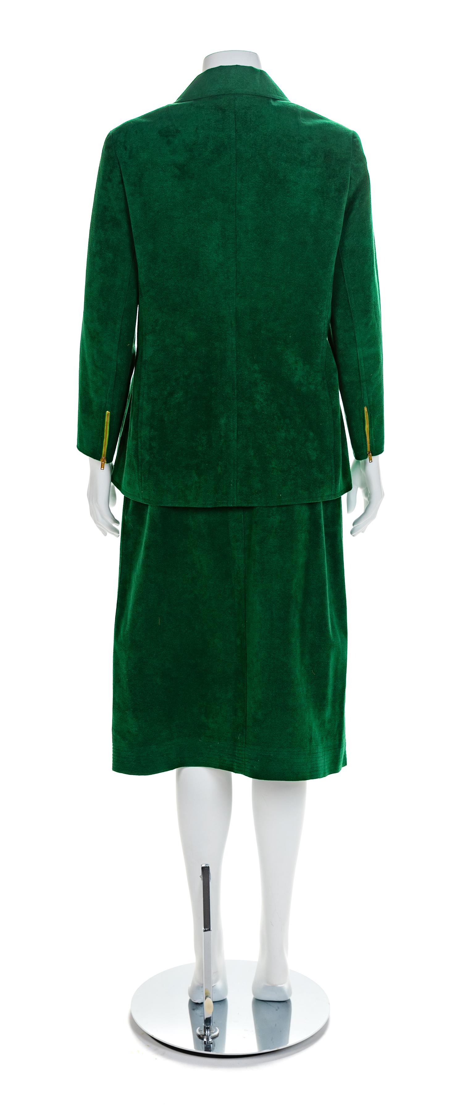 Halston Green Suede Skirt Suit, 1970s No size label