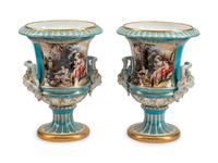 A Large Pair of Continental Porcelain Two-Handled Campana-Form Urns