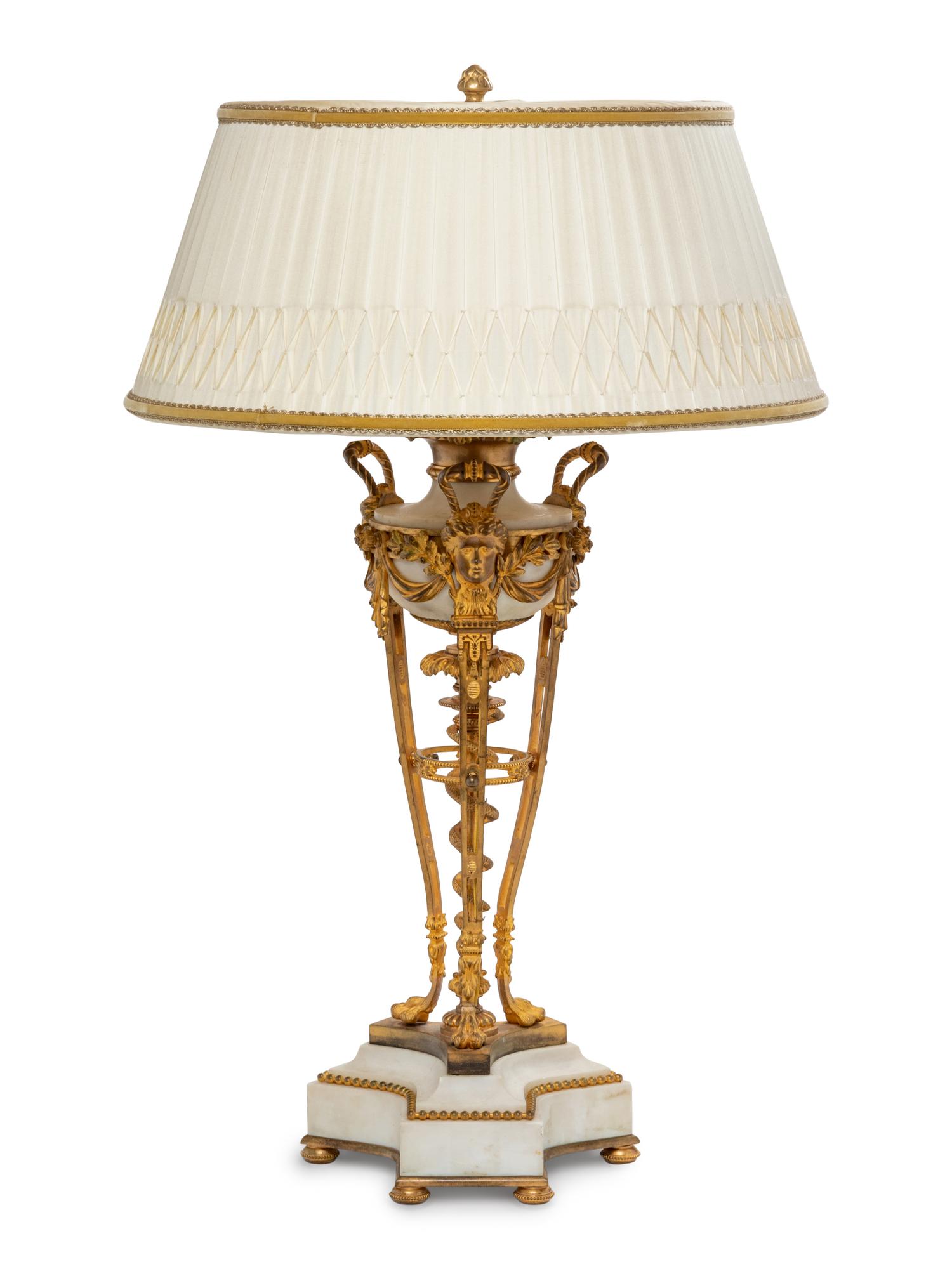 A Neoclassical Gilt Bronze and White Marble Cassolette Mounted as a Lamp