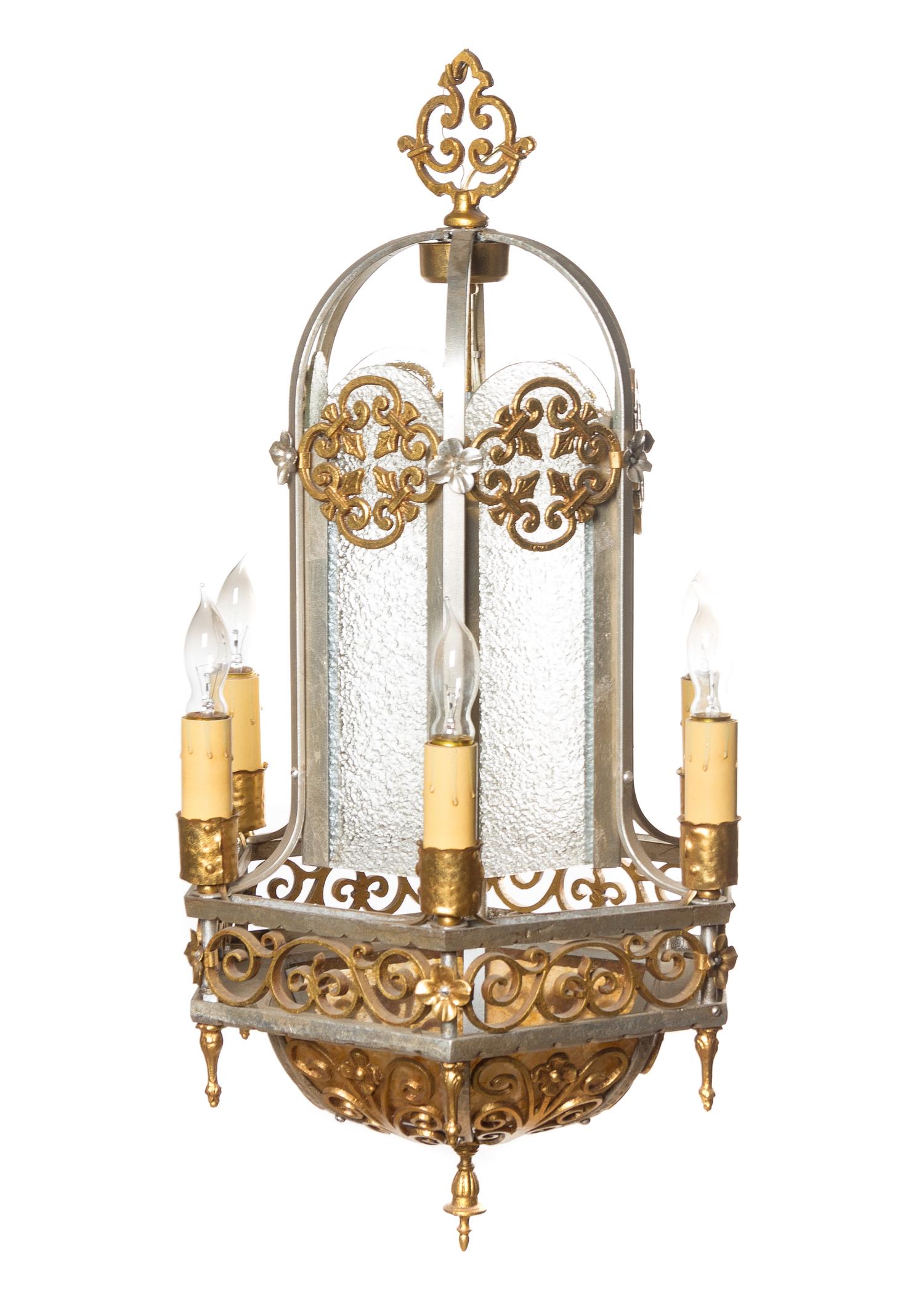 A Gothic Revival Silvered and Gilt Decorated Brass Lantern, Height overall 33 x diameter 16 inches.