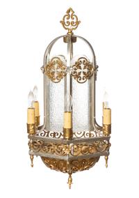 A Gothic Revival Silvered and Gilt Decorated Brass Lantern, Height overall 33 x diameter 16 inches.