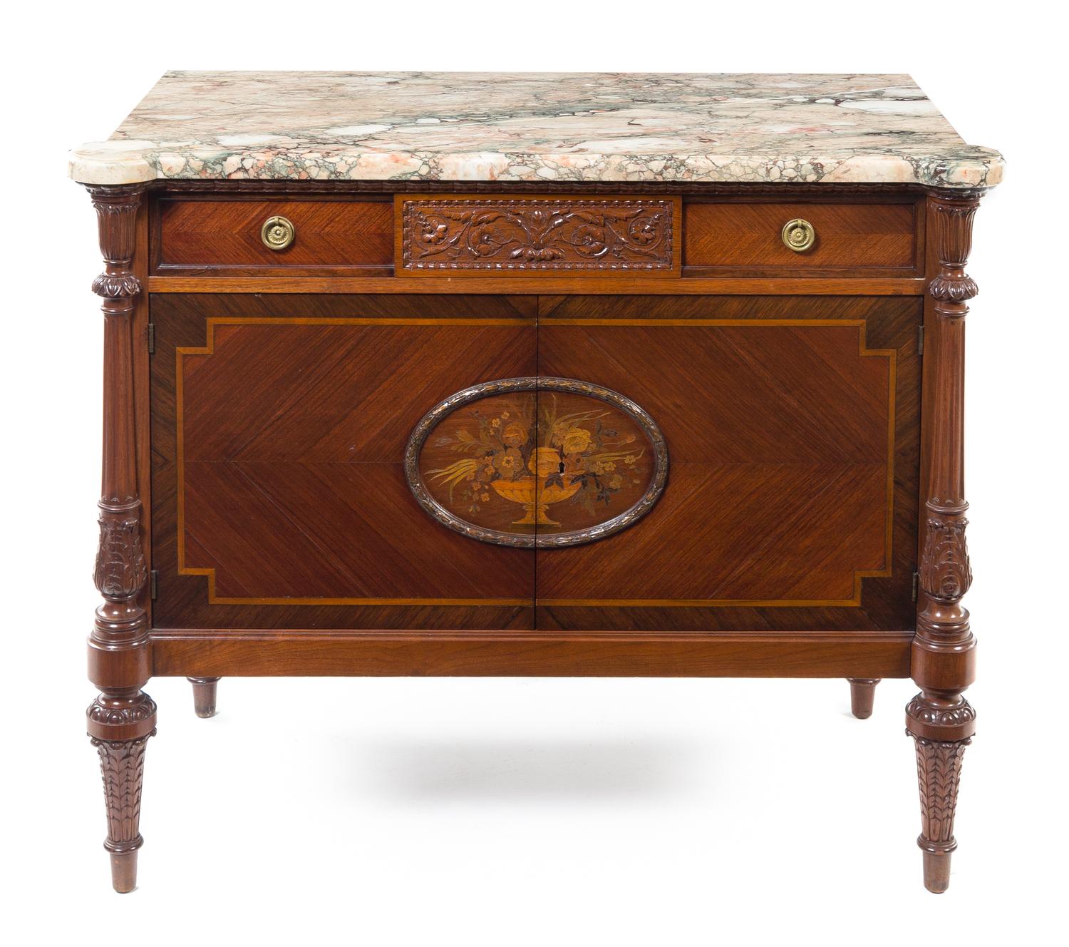 A Louis XVI Style Marquetry Commode a Vantaux Height 35 x width 39 1/2 x depth 21 inches. — 20TH CENTURY