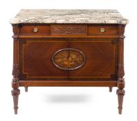 A Louis XVI Style Marquetry Commode a Vantaux Height 35 x width 39 1/2 x depth 21 inches. — 20TH CENTURY