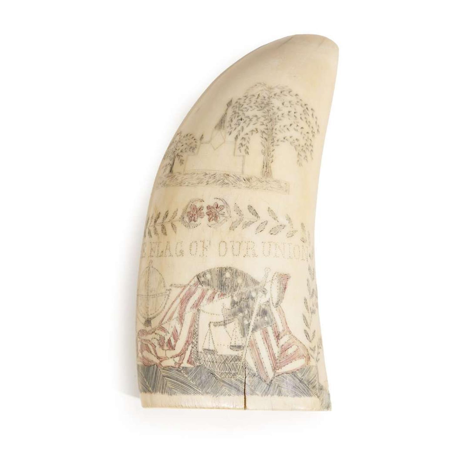 Scrimshaw-decorated and polychromed whale tooth 19th century