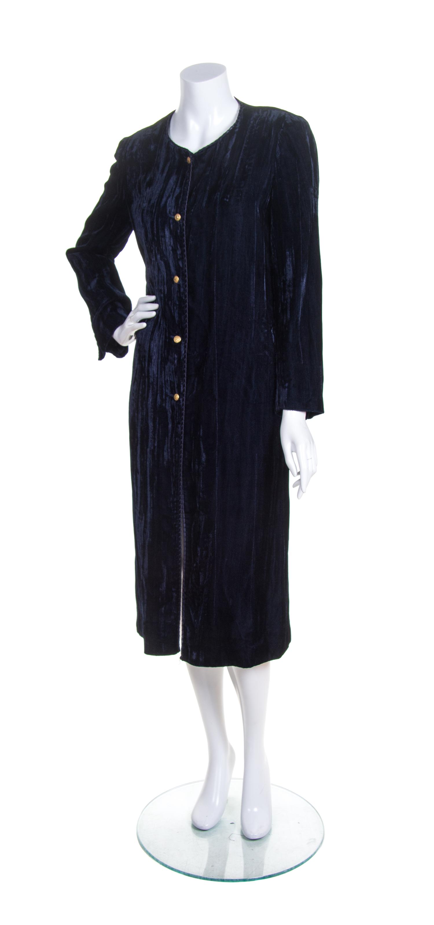 A Chanel Blue Crushed Velvet Coat, Size 38.