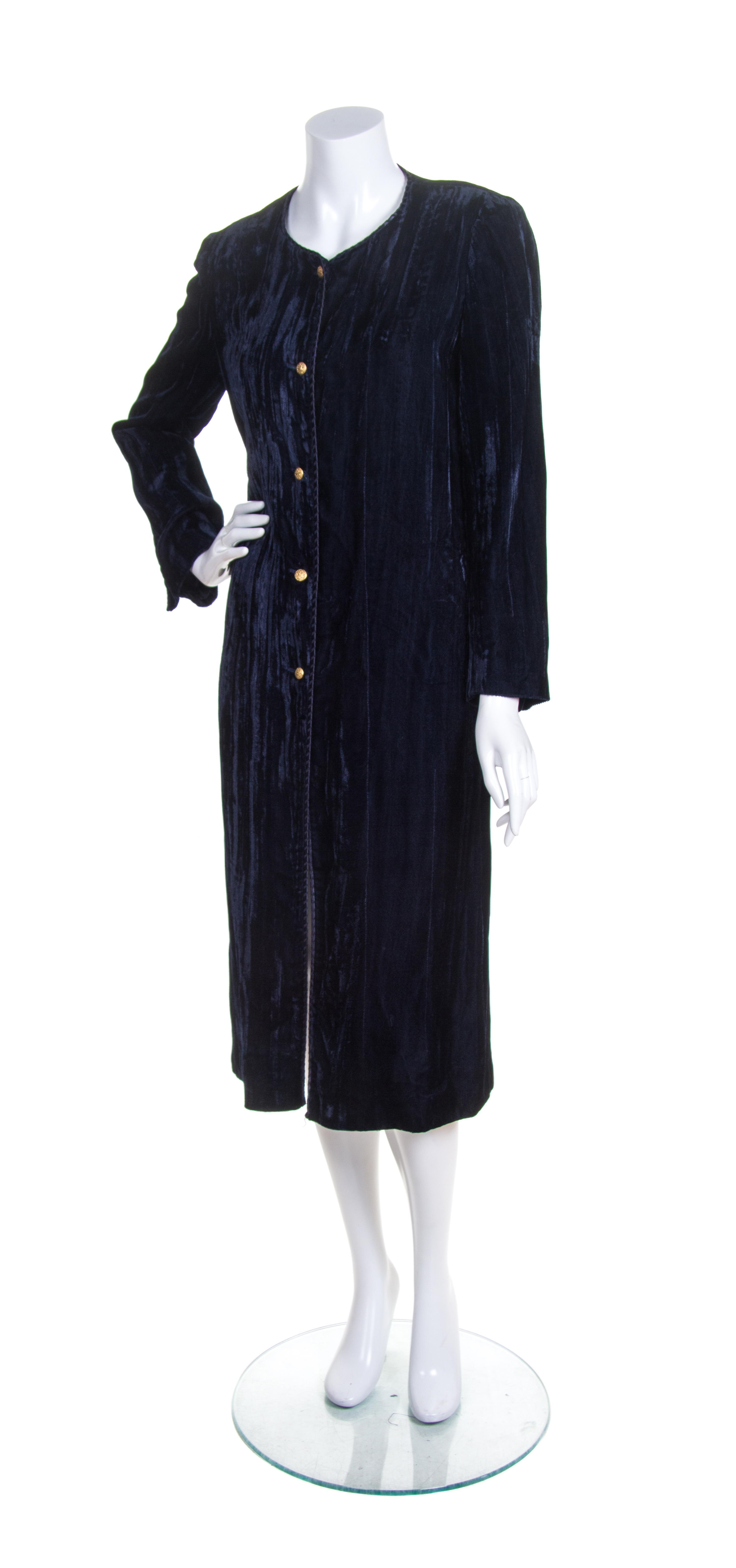 A Chanel Blue Crushed Velvet Coat, Size 38.