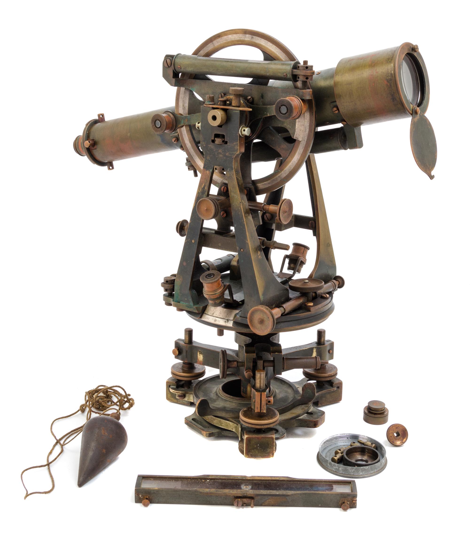 An English Brass Transit Theodolite Length of scope 14 inches. — TROUGHTON & SIMMS, LONDON, RETAILED BY GEORGE FINDLAY & CO. LTD., CAPE TOWN, 19TH CENTURY