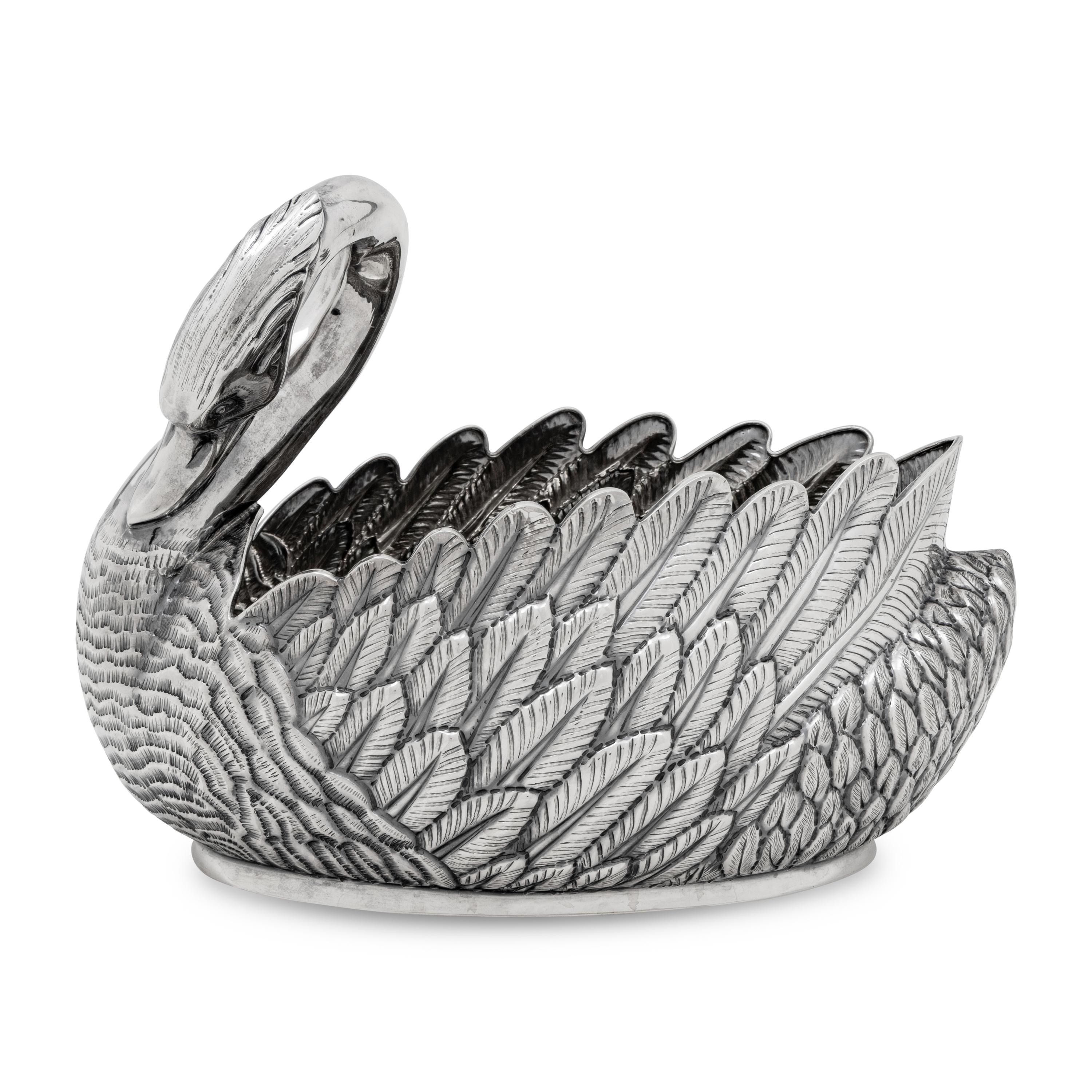 A Modern Fabergé Silver Swan Centerpiece