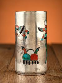 Silver Tumbler, with Mosaic Inlay, Frogs, Storm Clouds, Knifewings, and Rainbow Guardians