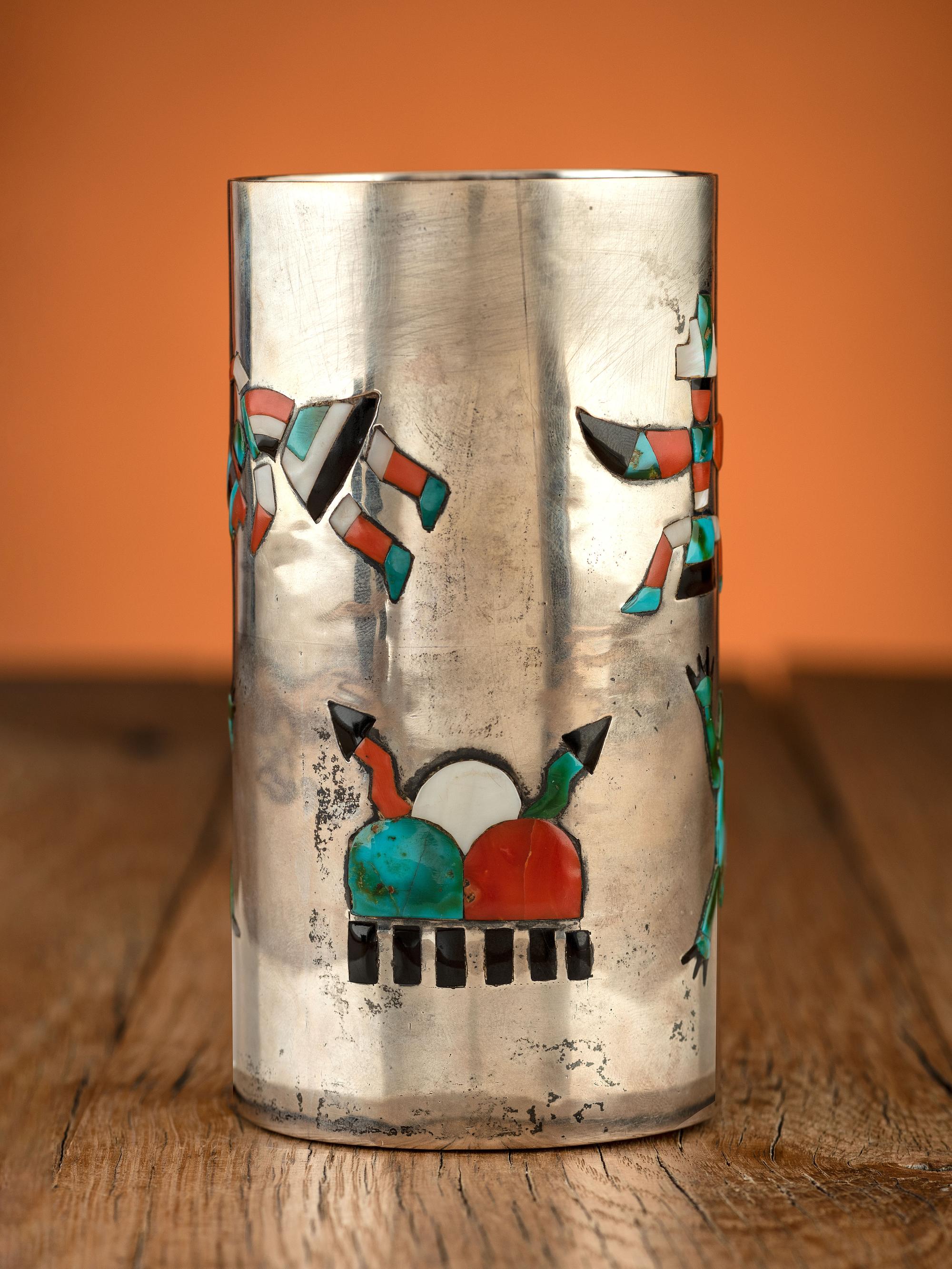 Silver Tumbler, with Mosaic Inlay, Frogs, Storm Clouds, Knifewings, and Rainbow Guardians