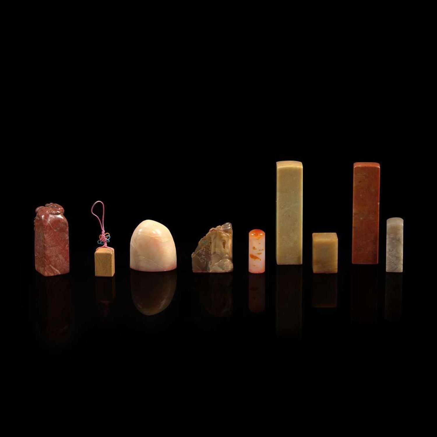 Nine Chinese seals carved by or gifts from important artists and historians 重要艺术家史学家印章一组九件