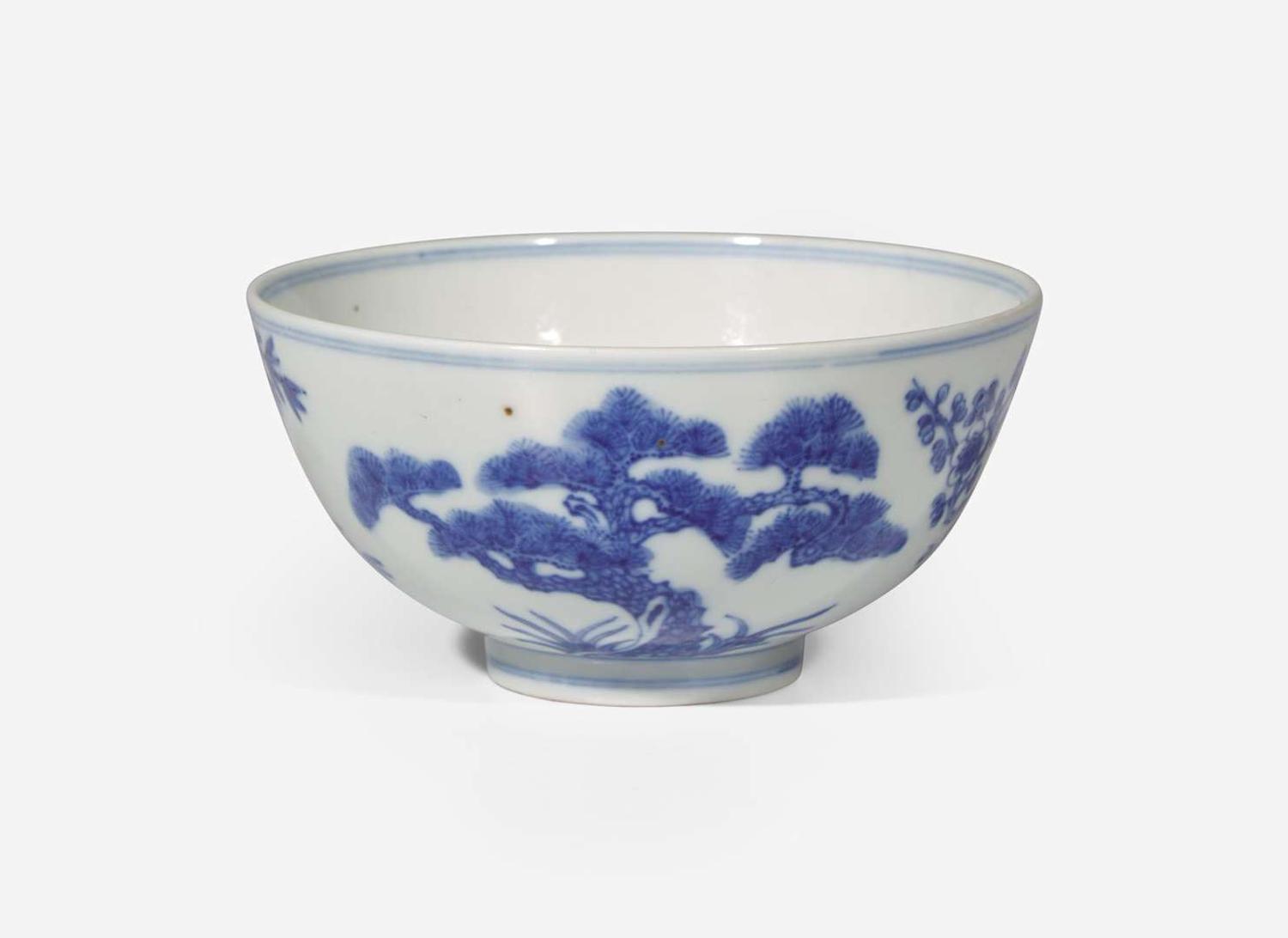A Chinese blue and white porcelain, "Three Friends" bowl, Guangxu Mark and probably of the period 歲寒三友青花盌 光緒款 或清光緒