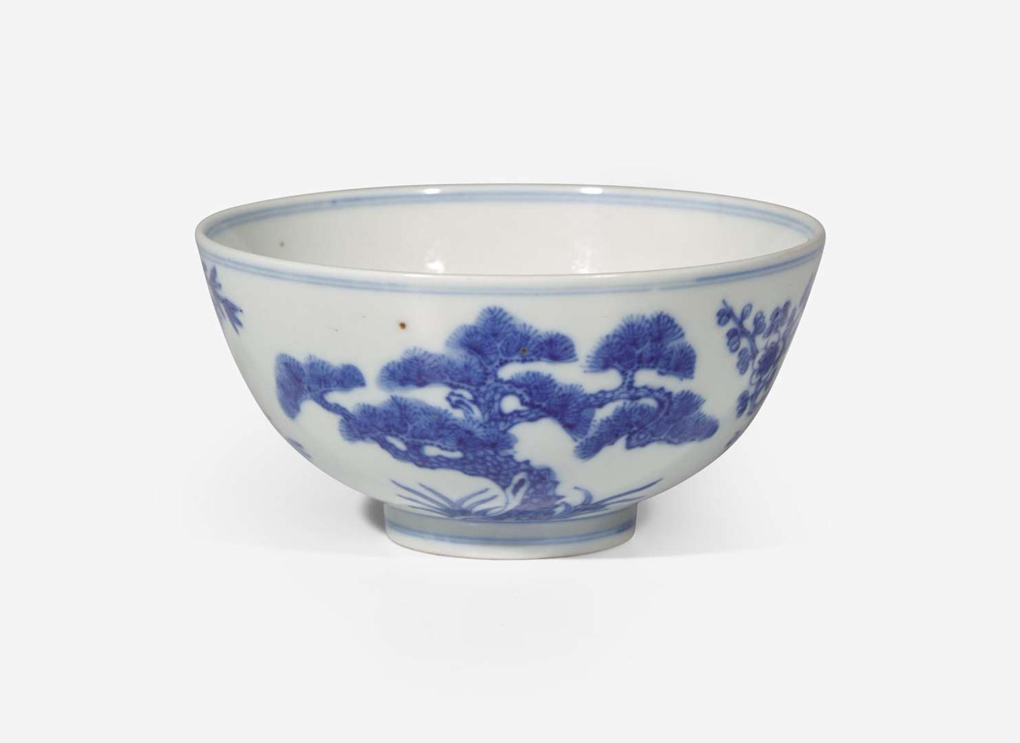 A Chinese blue and white porcelain, "Three Friends" bowl, Guangxu Mark and probably of the period 歲寒三友青花盌 光緒款 或清光緒