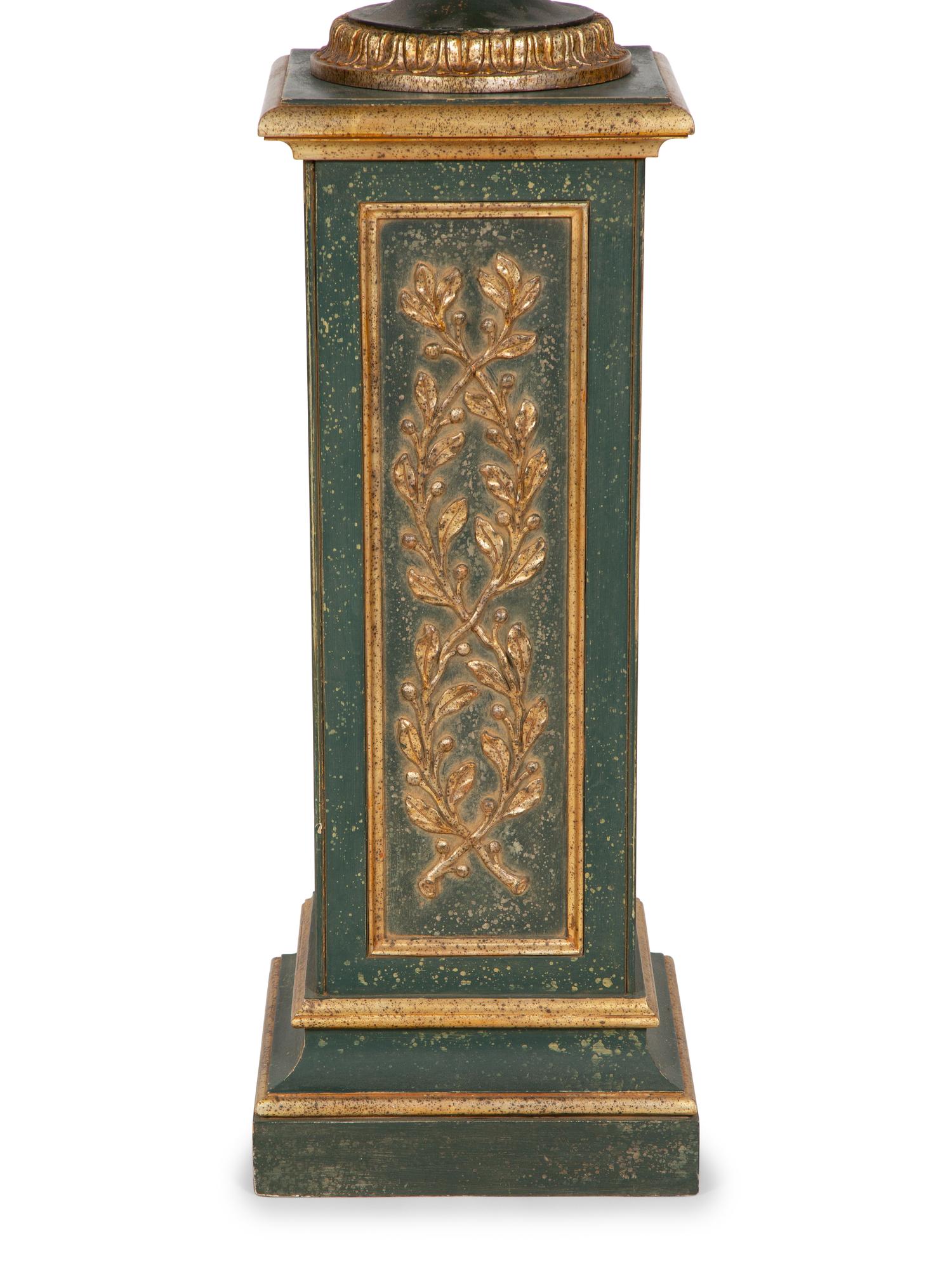 A Painted and Parcel Gilt Campagna-Form Urn on Pedestal