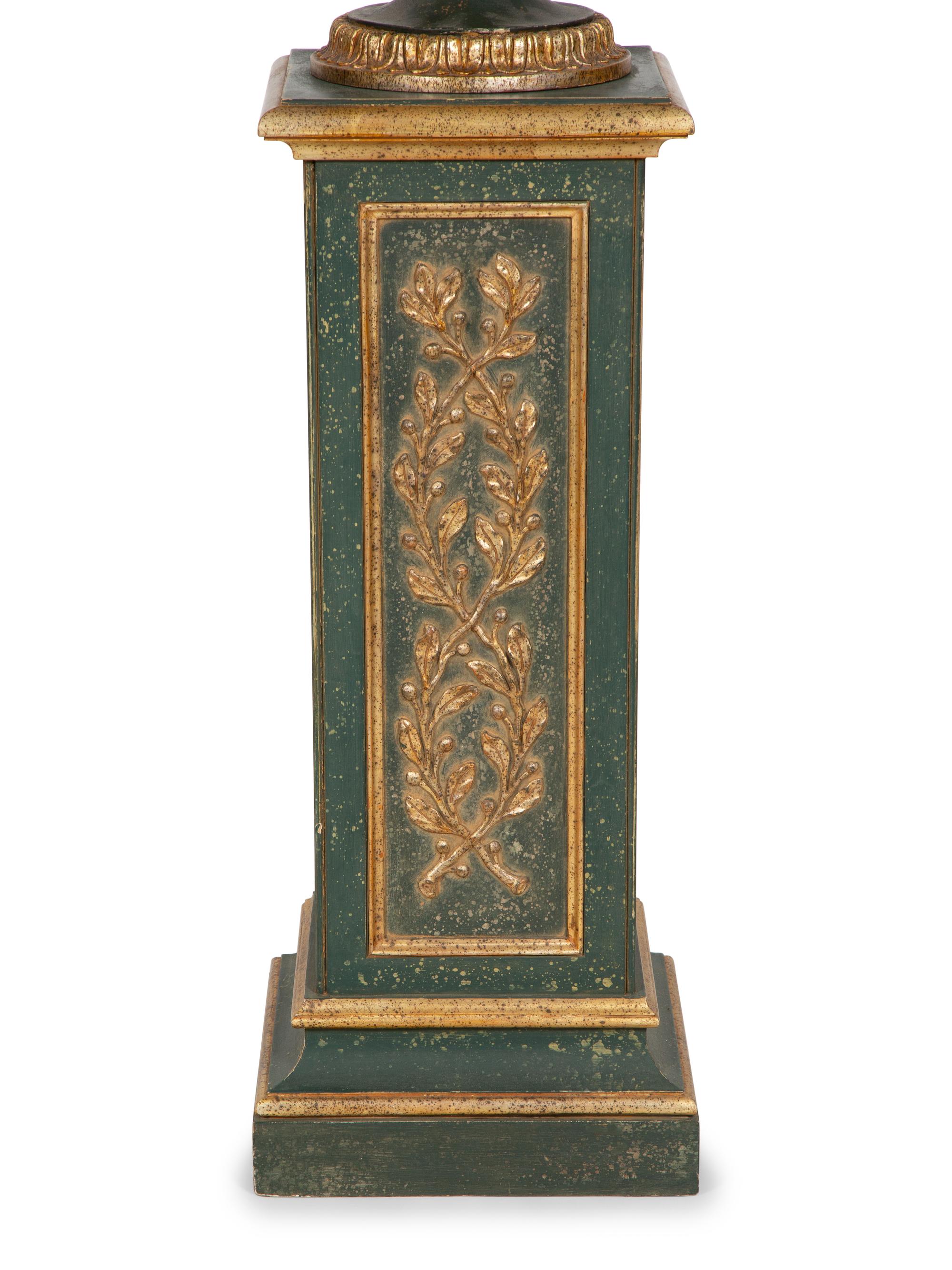 A Painted and Parcel Gilt Campagna-Form Urn on Pedestal