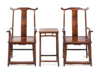 A Pair of Chinese Huali Wood Chairs and a Side Stand Height of each chair 46 1/2 inches.