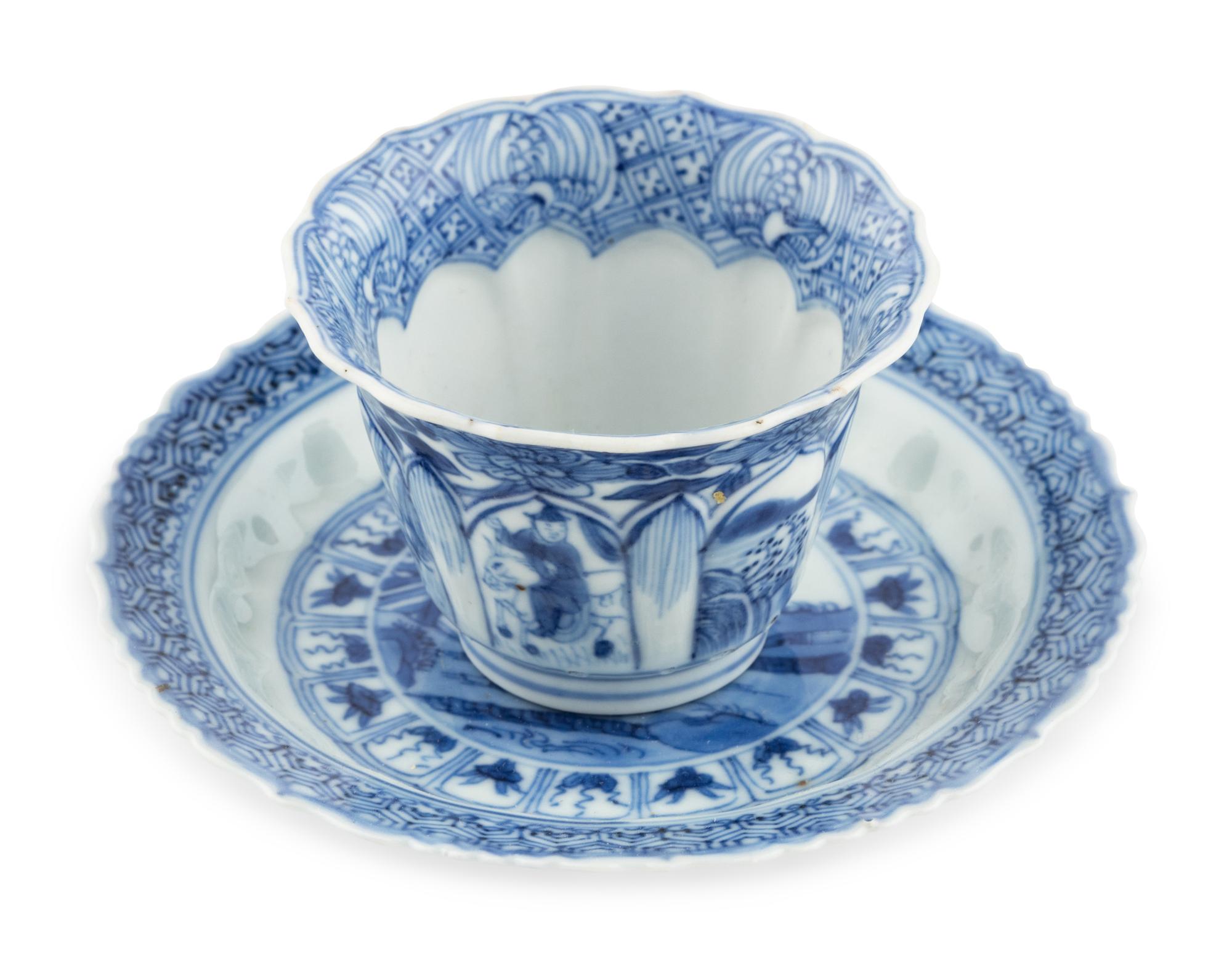 A Chinese Export Blue and White Porcelain Cup and Saucer