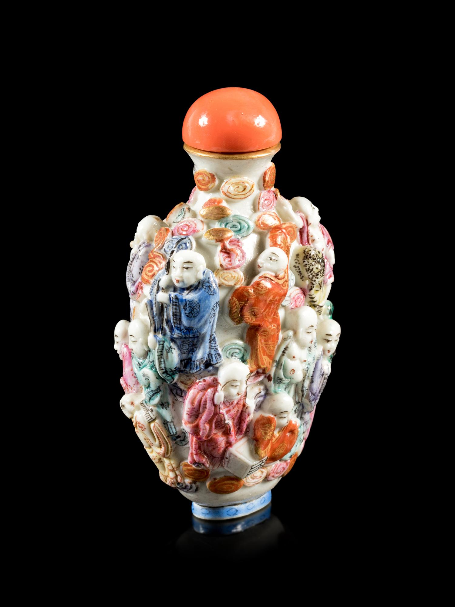 A Famille Rose Molded Porcelain 'Luohan' Snuff Bottle