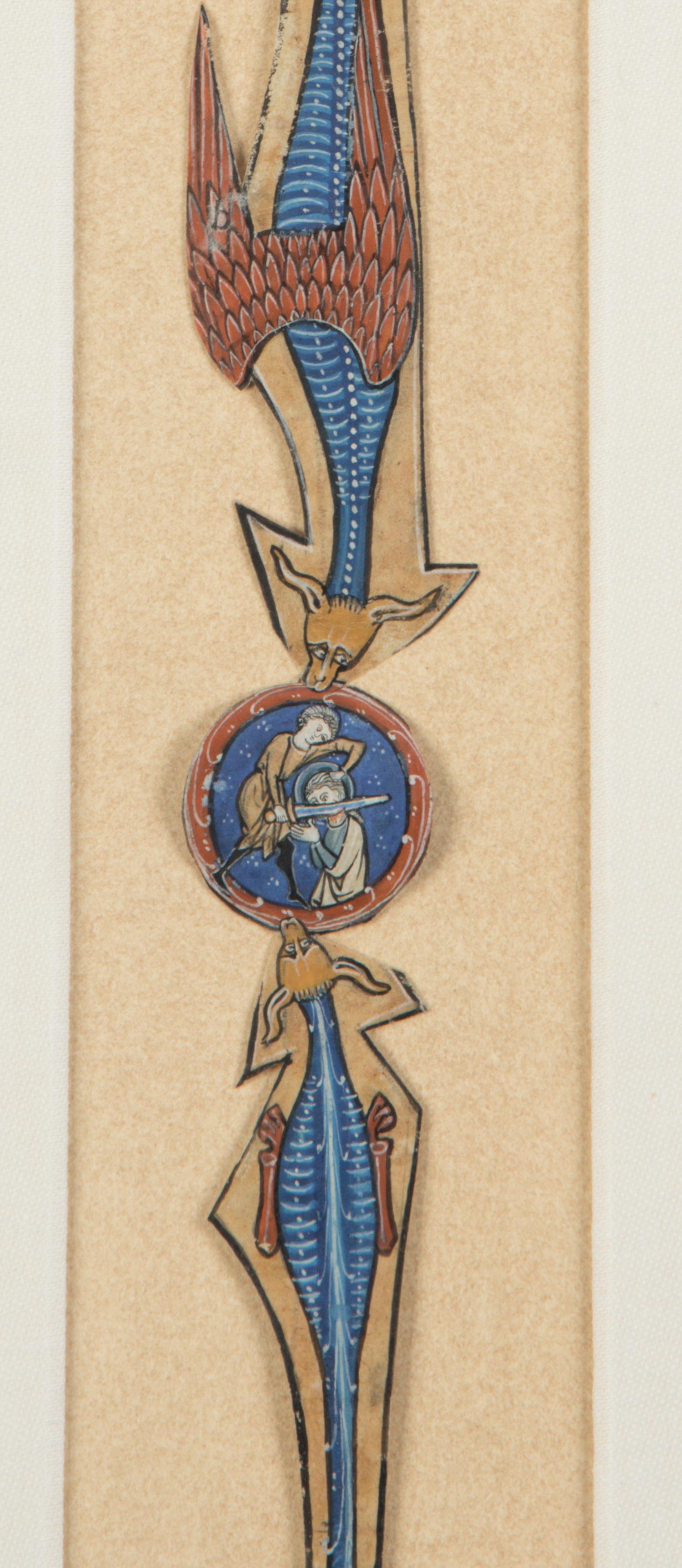 PONTIFICAL GROUP Cutting with an historiated initial from a Cistercian Antiphonary, illuminated manuscript on parchment [North France, Lille, Cambrai, Tournai, or Arras? ca. 1255–1291]