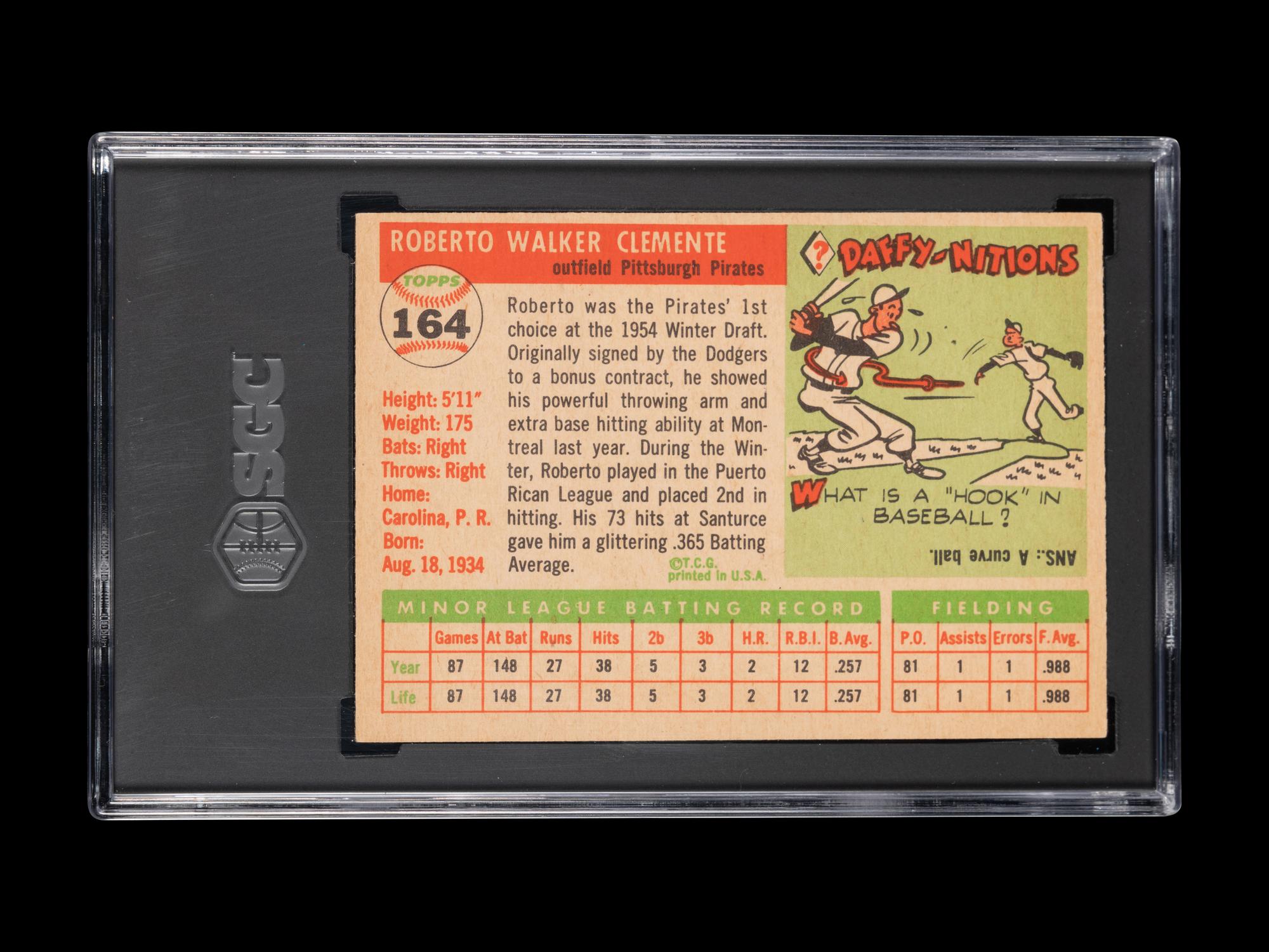 A 1955 Topps Roberto Clemente Rookie Baseball Card No. 164 (SGC 4.5 VG-EX+)