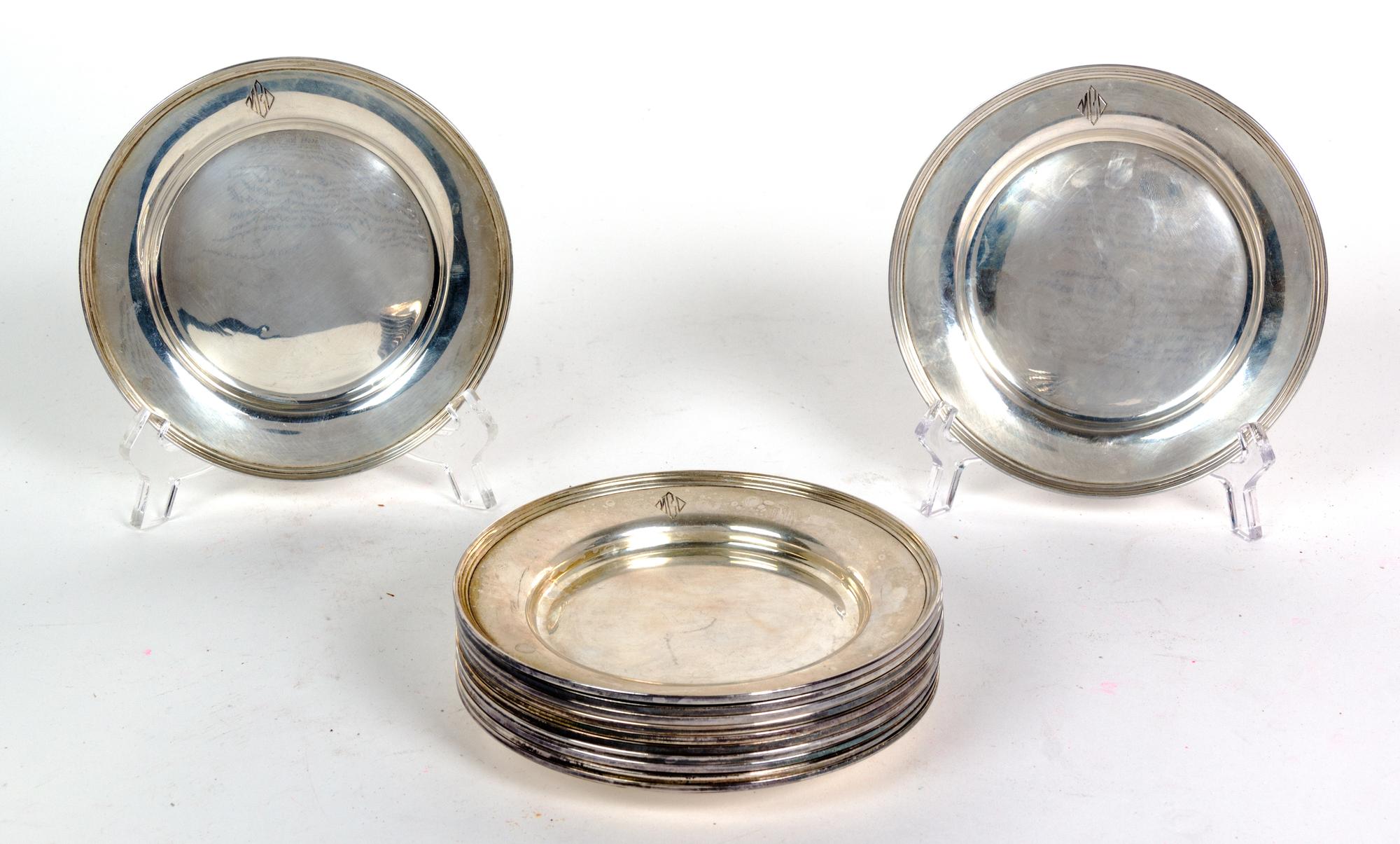 Twelve Sterling Silver Monogramed Side Plates 23 oz. — 20TH CENTURY