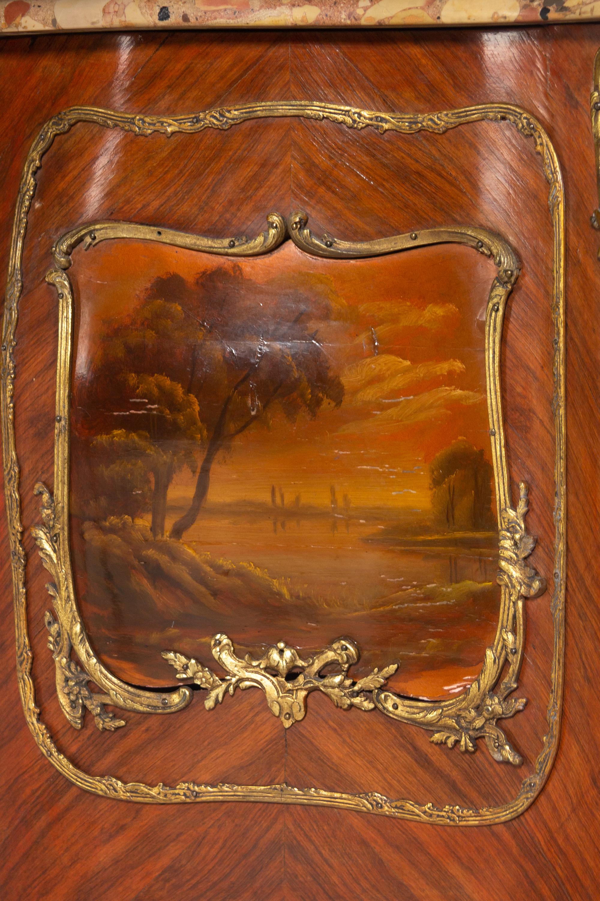 A Louis XV Style Gilt Bronze Mounted Kingwood and Vernis Martin Marble-Top Commode