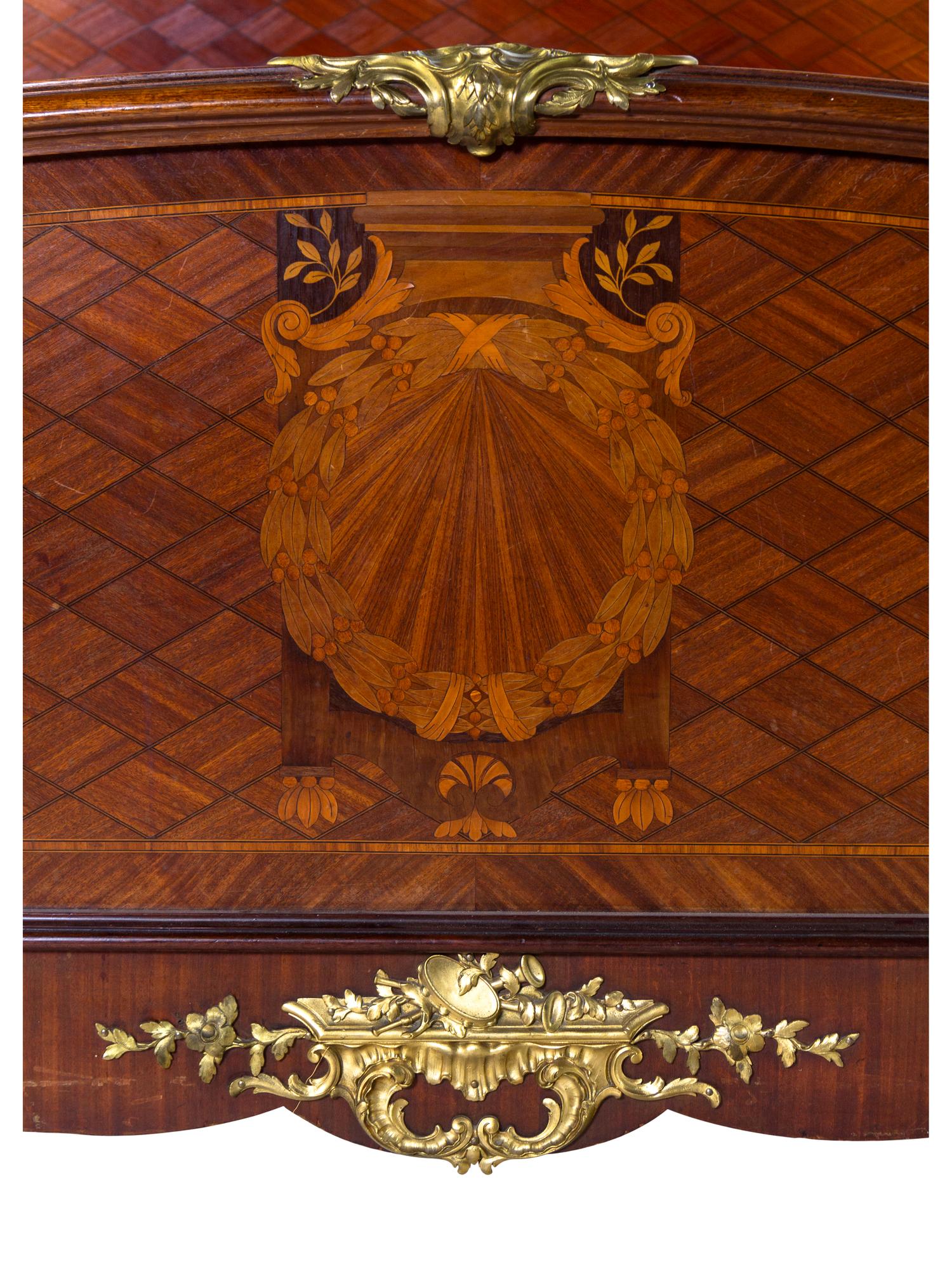 A Louis XV/XVI Transitional Style Gilt Bronze Mounted Marquetry and Parquetry Bed