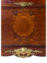 A Louis XV/XVI Transitional Style Gilt Bronze Mounted Marquetry and Parquetry Bed
