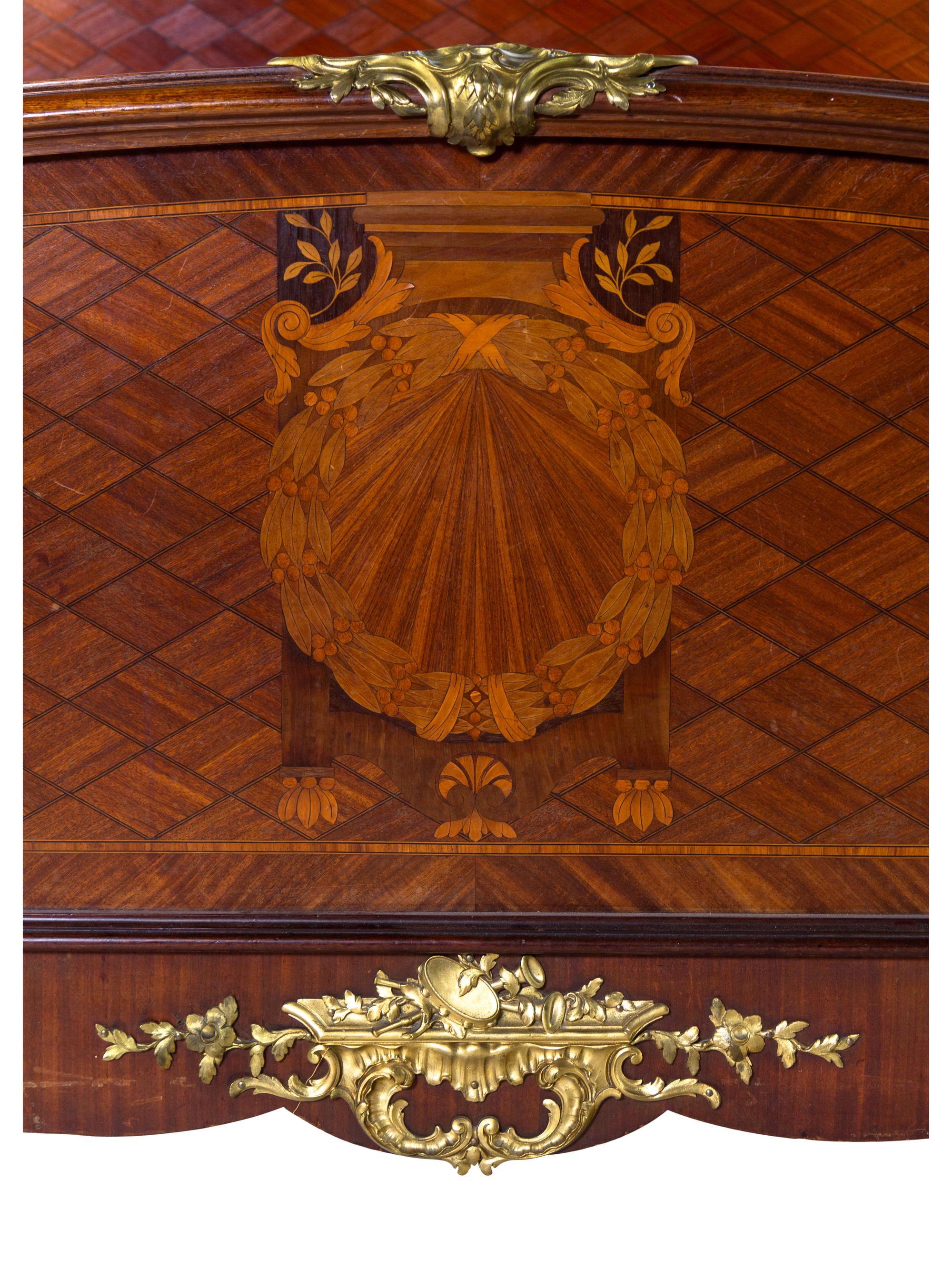 A Louis XV/XVI Transitional Style Gilt Bronze Mounted Marquetry and Parquetry Bed