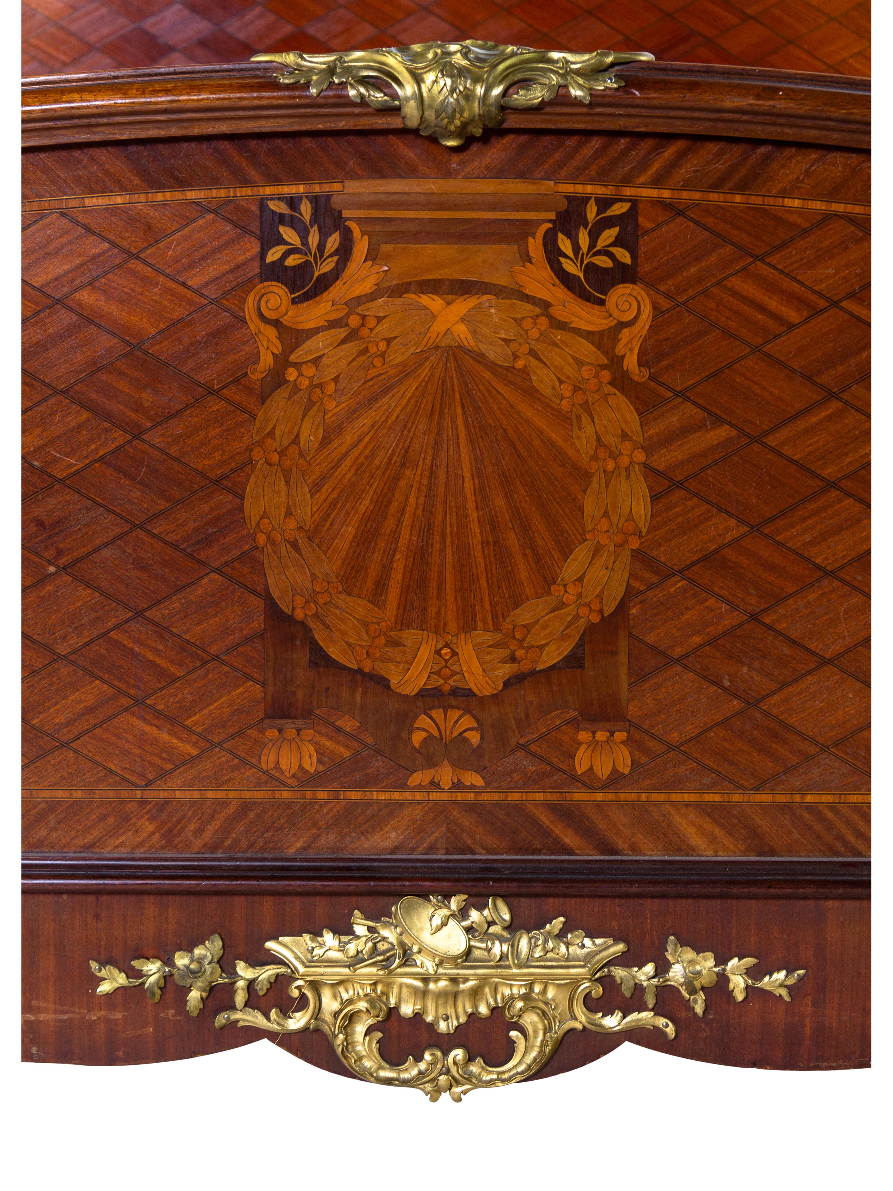A Louis XV/XVI Transitional Style Gilt Bronze Mounted Marquetry and Parquetry Bed