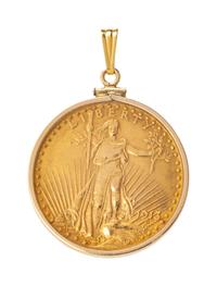 A 14 Karat Yellow Gold and US $20 Liberty Coin Pendant,