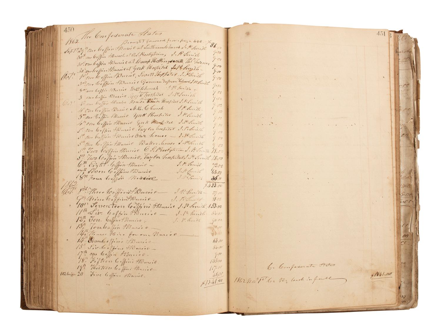 [CIVIL WAR]. Ledger book associated with Winchester, Virginia, cabinet maker John Kerr (1797-1875), documenting coffins built and sold for Union and Confederate soldiers as well as other wartime activity.