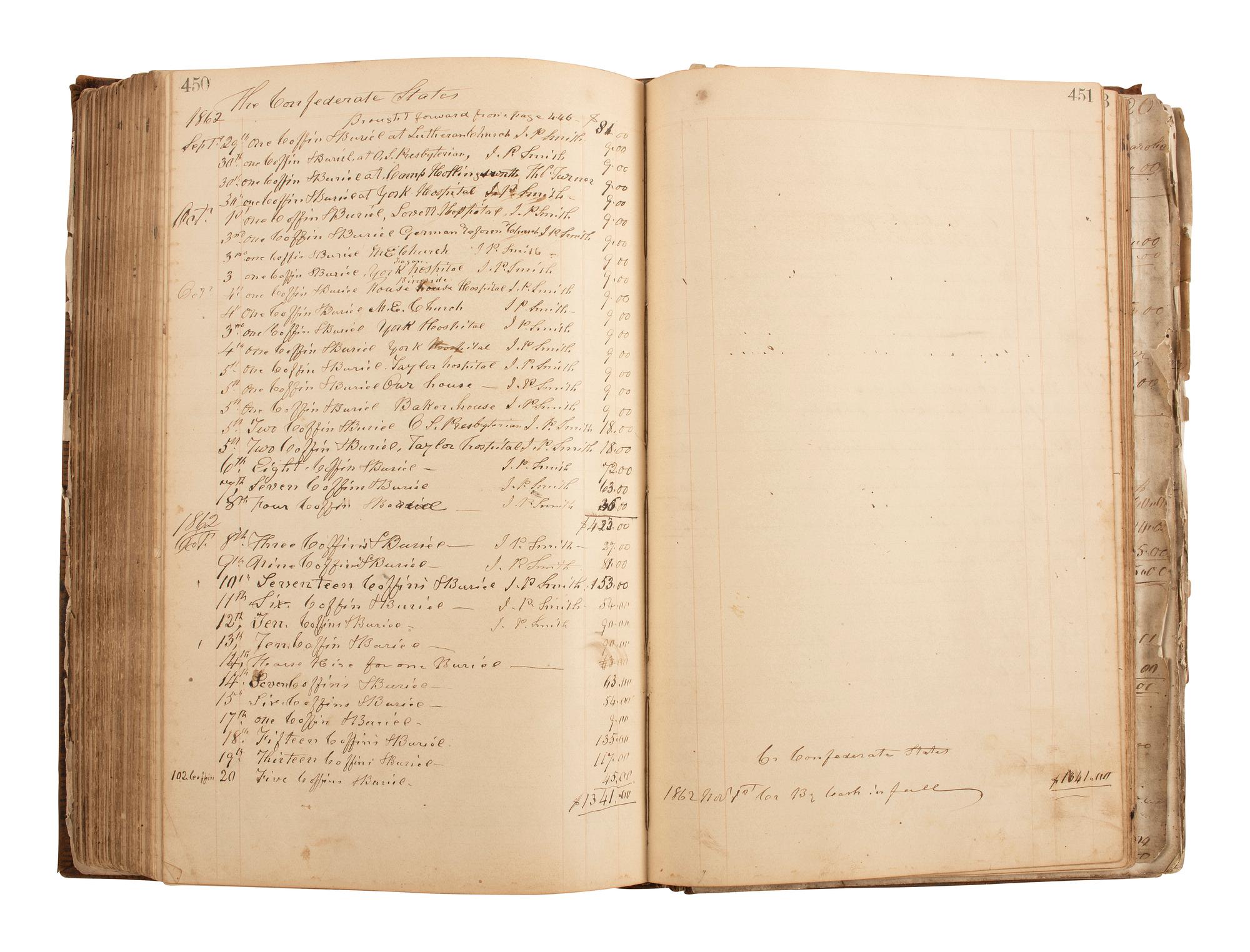 [CIVIL WAR]. Ledger book associated with Winchester, Virginia, cabinet maker John Kerr (1797-1875), documenting coffins built and sold for Union and Confederate soldiers as well as other wartime activity.